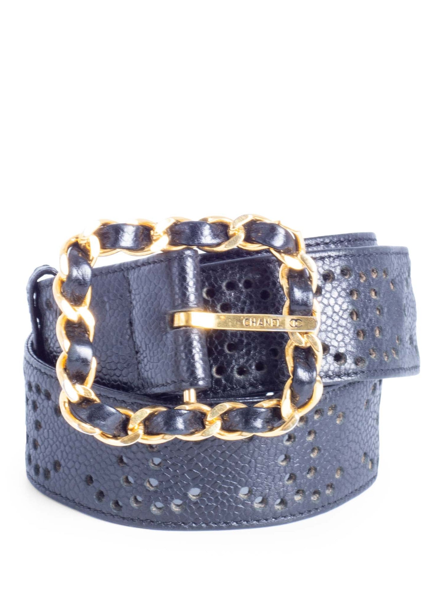 Chanel CC Logo K Gold Plated Chain Caviar Perforated Leather Belt Black