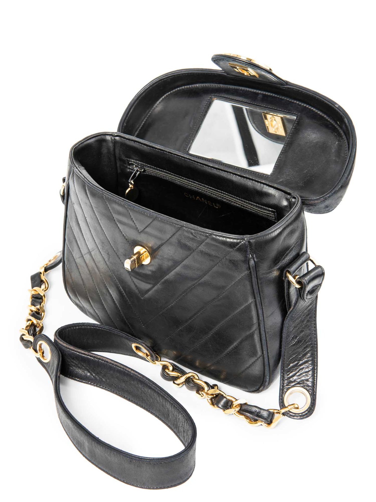 Chanel CC Logo K Gold Plated Chevron Quilted Leather Globe Trotter Black