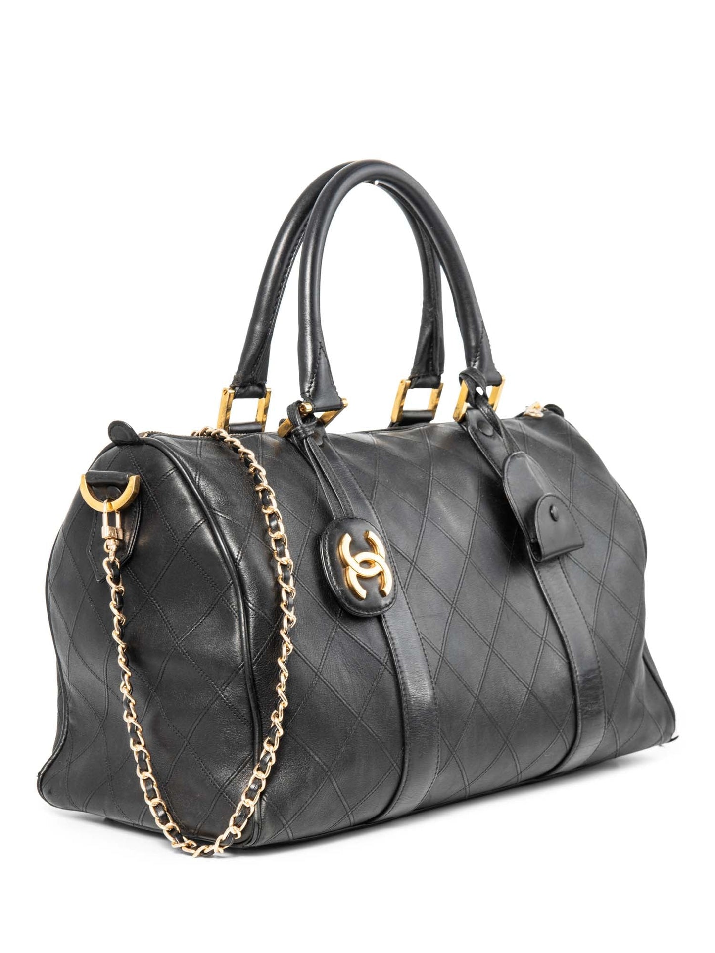Chanel CC Logo K Gold Plated Quilted Leather Boston Messenger Bag Black