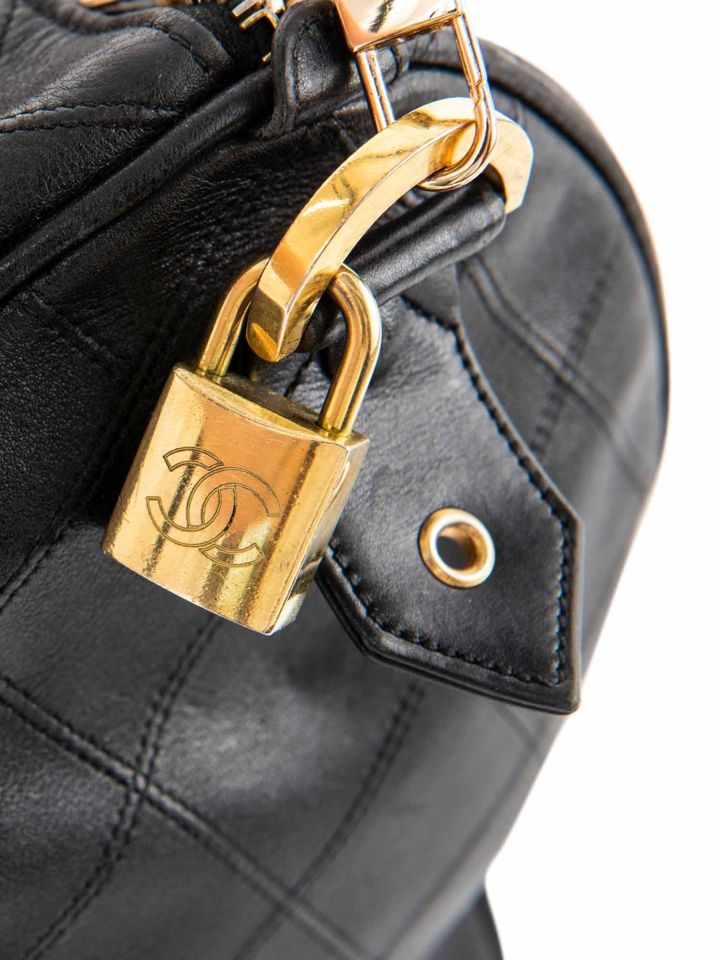 Chanel CC Logo K Gold Plated Quilted Leather Boston Messenger Bag Black