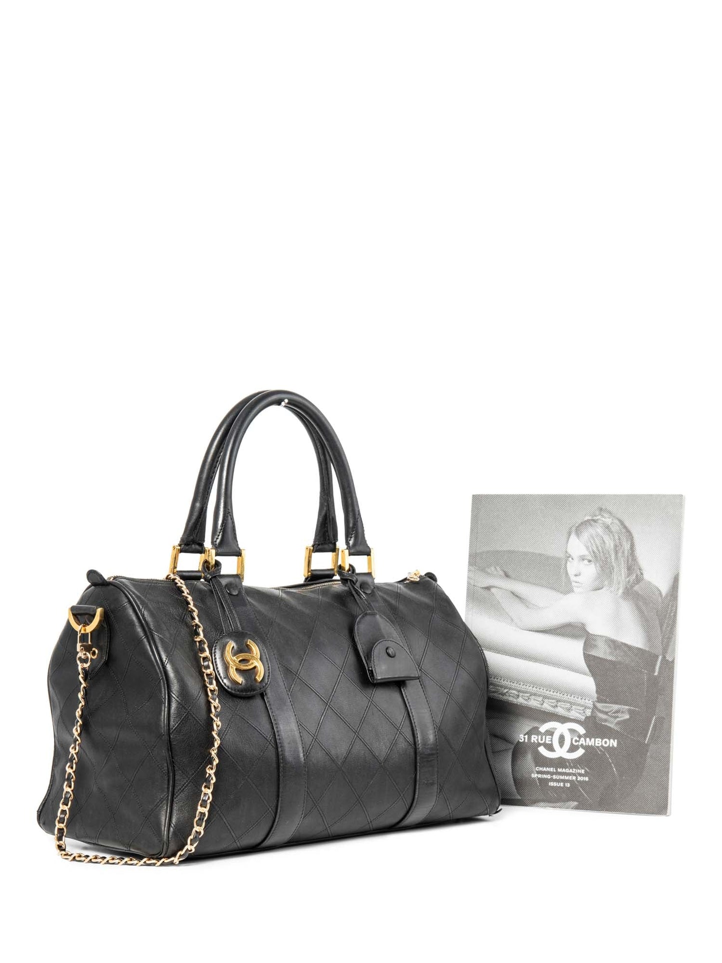Chanel CC Logo K Gold Plated Quilted Leather Boston Messenger Bag Black