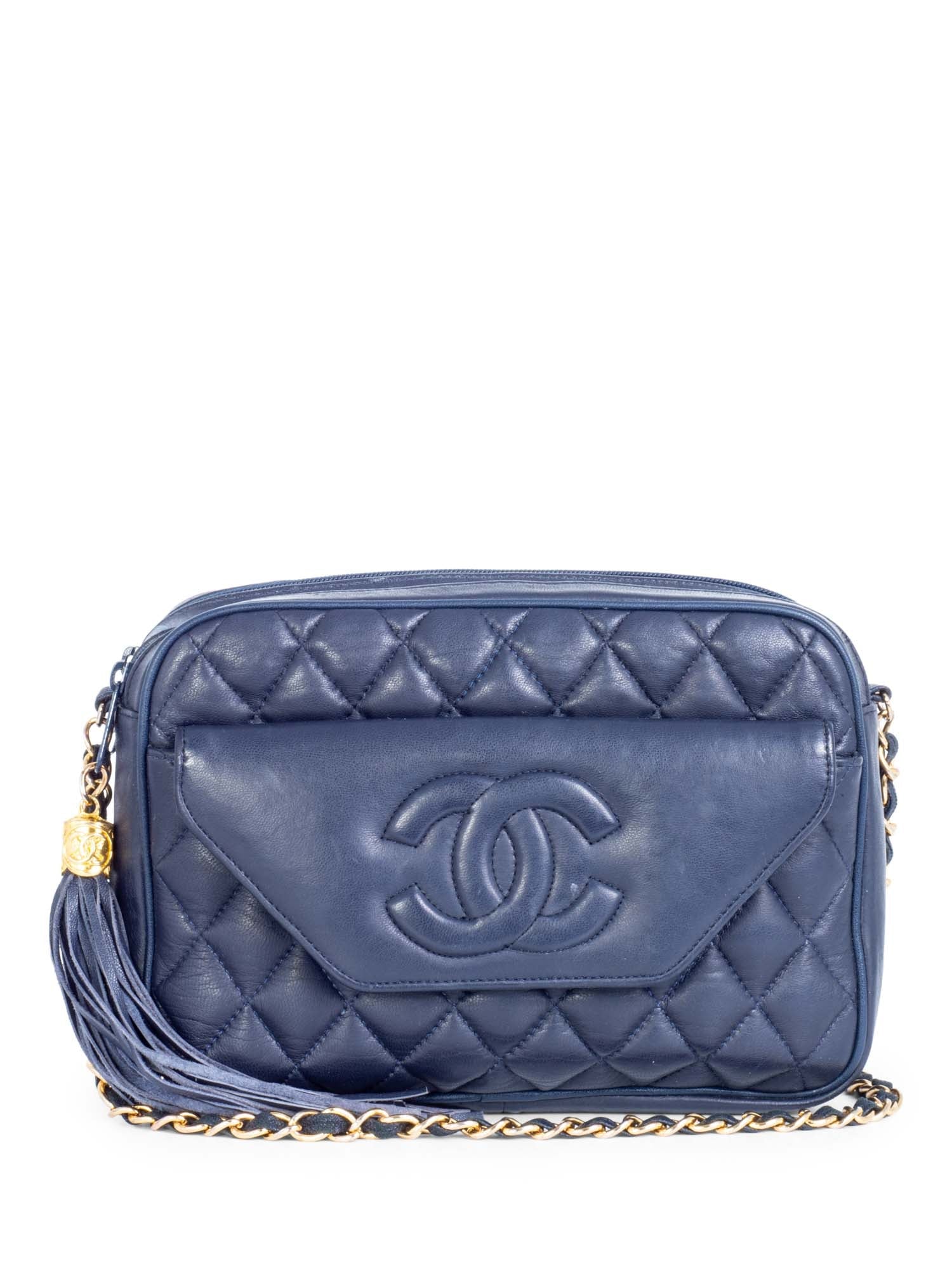 Chanel CC Logo k Gold Plated Quilted Leather Tassel Camera Bag Navy