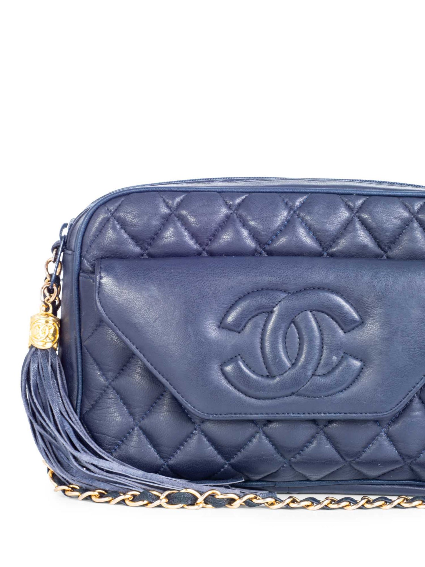 Chanel CC Logo k Gold Plated Quilted Leather Tassel Camera Bag Navy