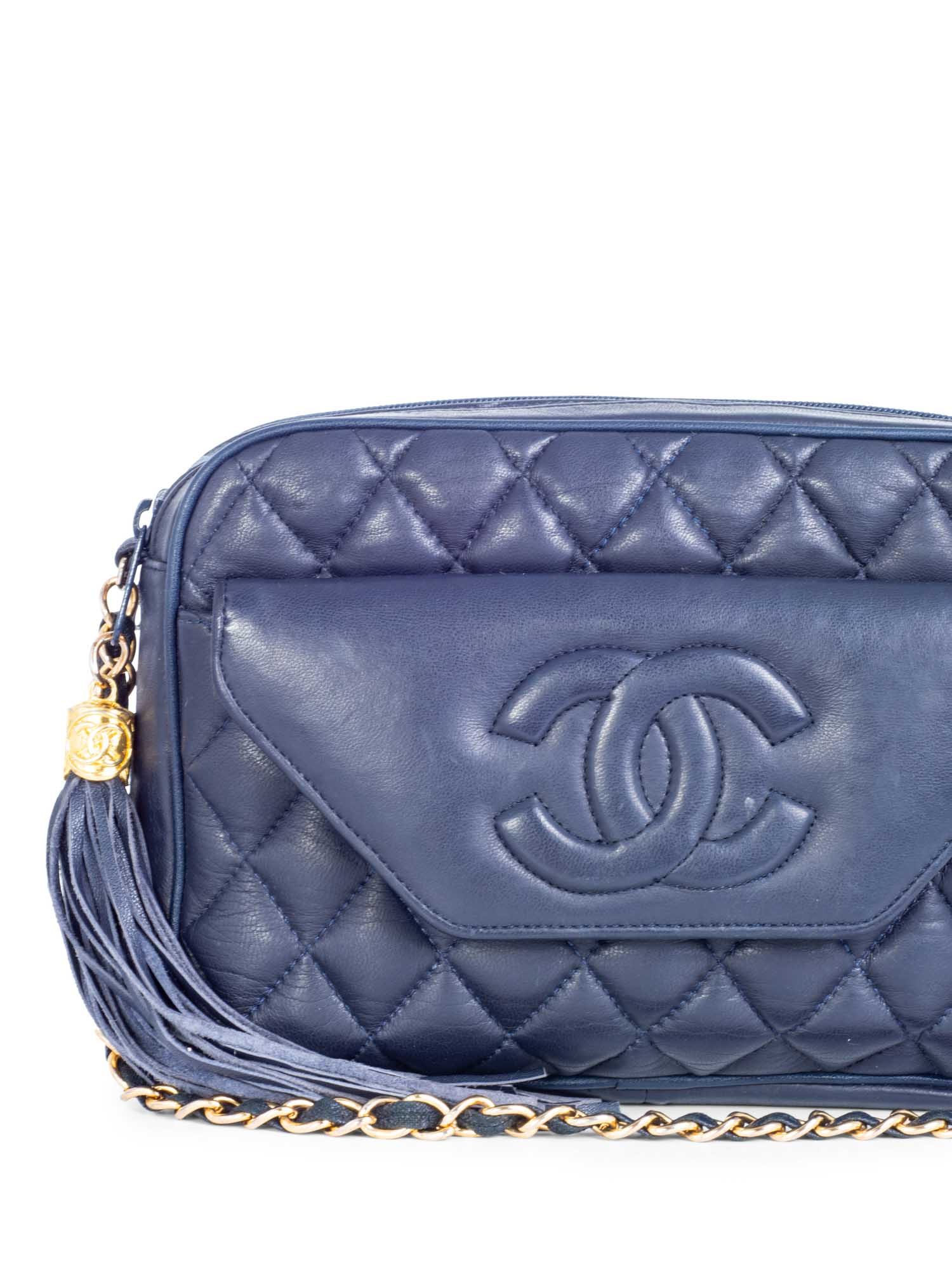 Chanel CC Logo k Gold Plated Quilted Leather Tassel Camera Bag Navy