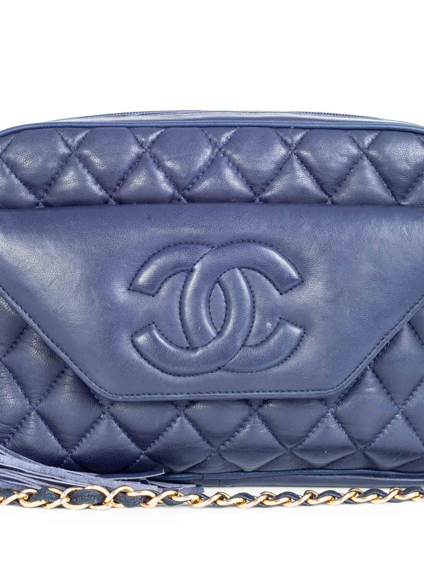 Chanel CC Logo k Gold Plated Quilted Leather Tassel Camera Bag Navy
