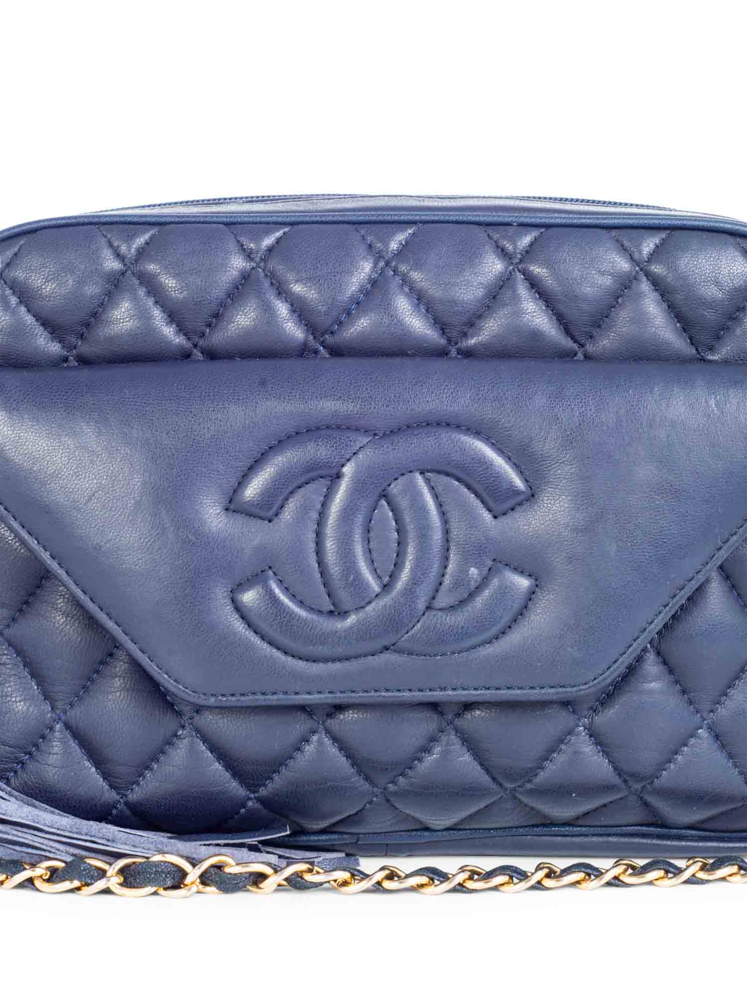 Chanel CC Logo k Gold Plated Quilted Leather Tassel Camera Bag Navy