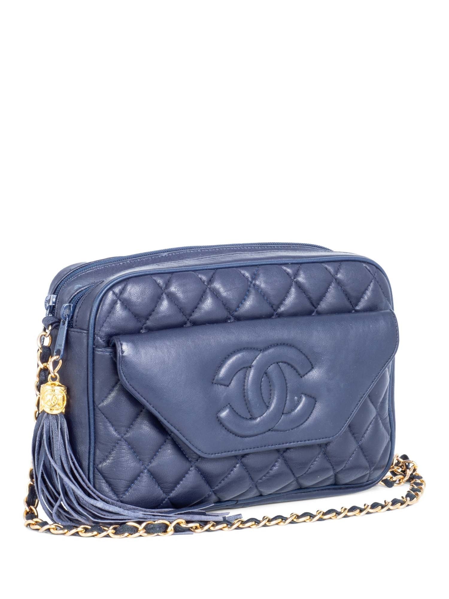 Chanel CC Logo k Gold Plated Quilted Leather Tassel Camera Bag Navy