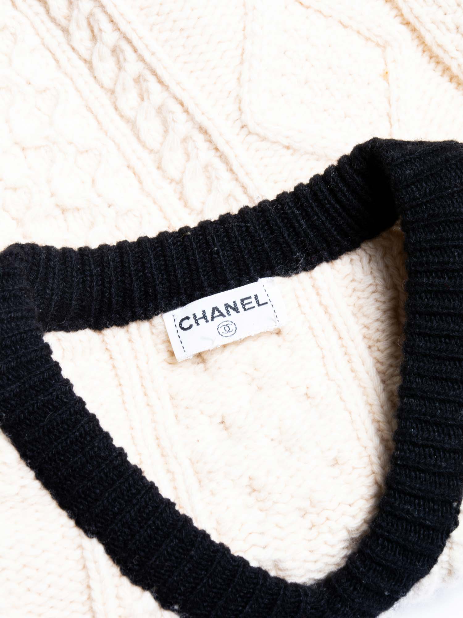 Chanel CC Logo Cable Knit Cropped Sweater Ivory Black