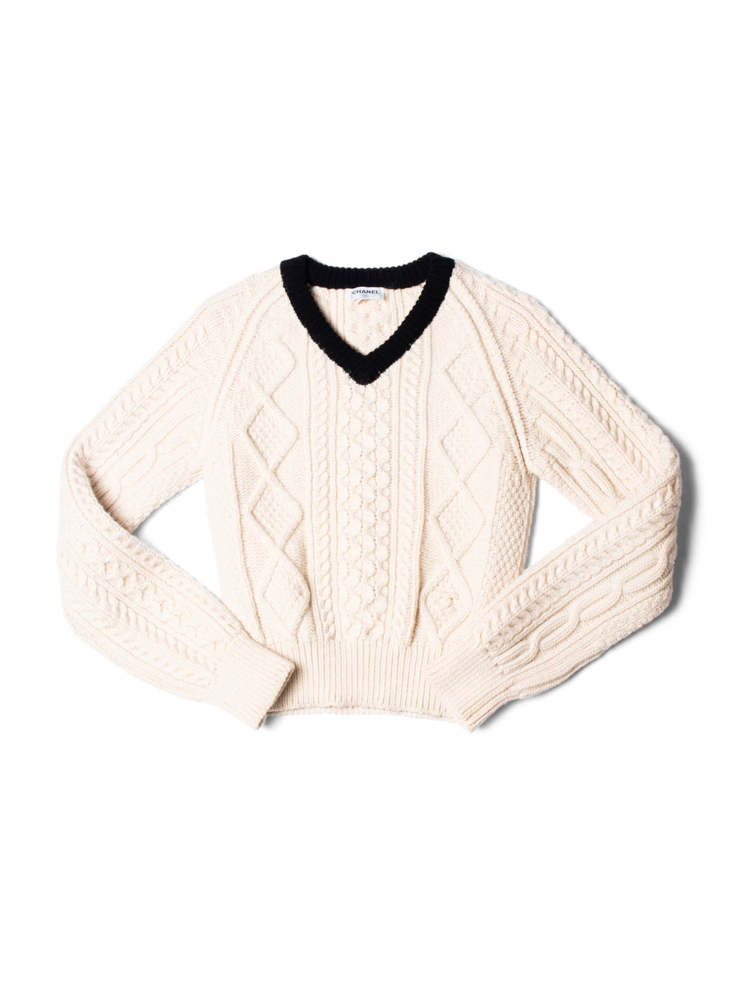 Chanel CC Logo Cable Knit Cropped Sweater Ivory Black