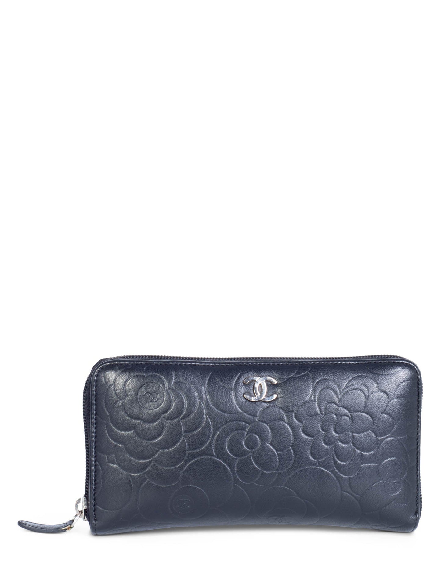 Chanel CC Logo Camelia Quilted Leather Zipper Wallet Black