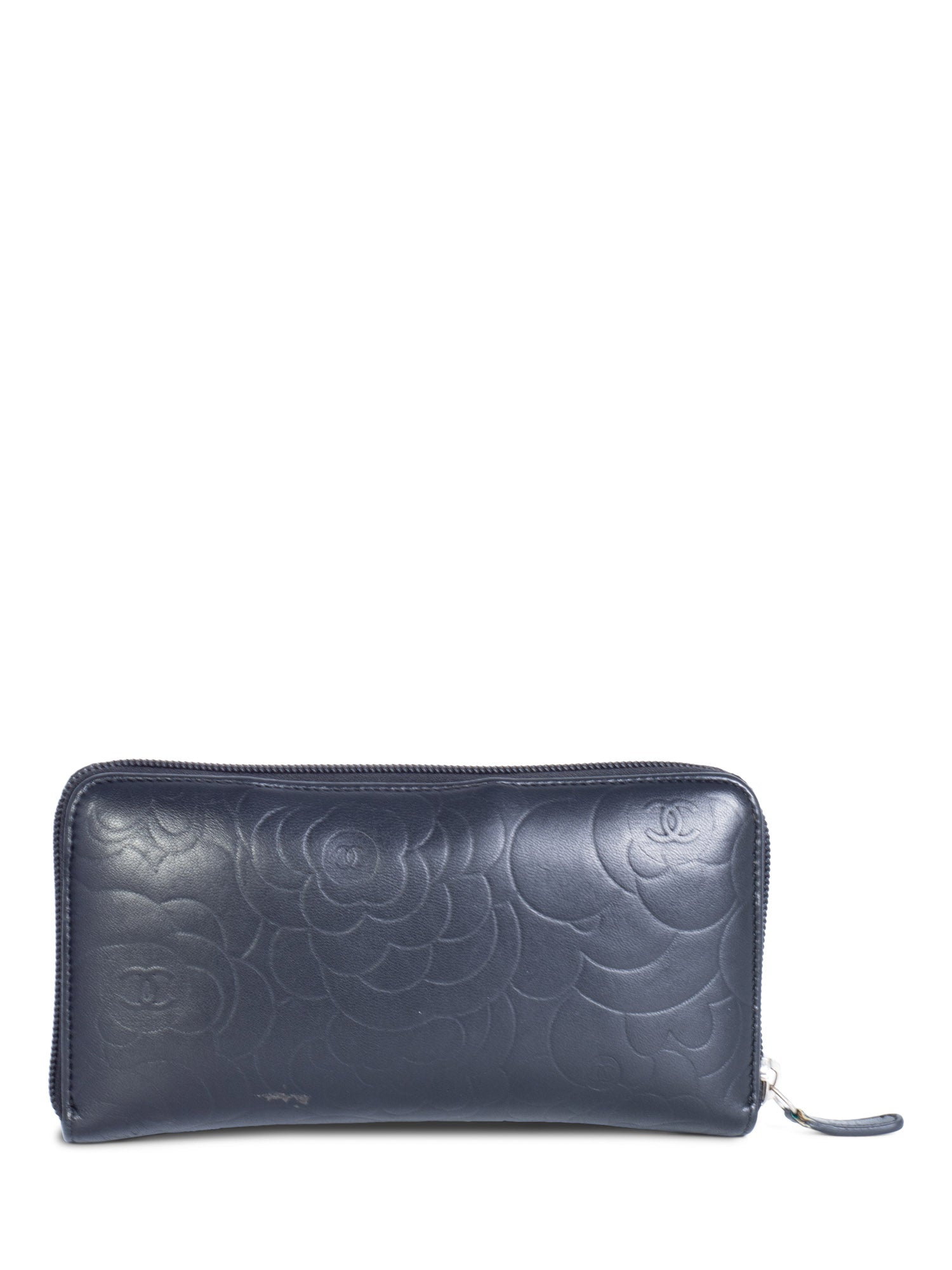 Chanel CC Logo Camelia Quilted Leather Zipper Wallet Black
