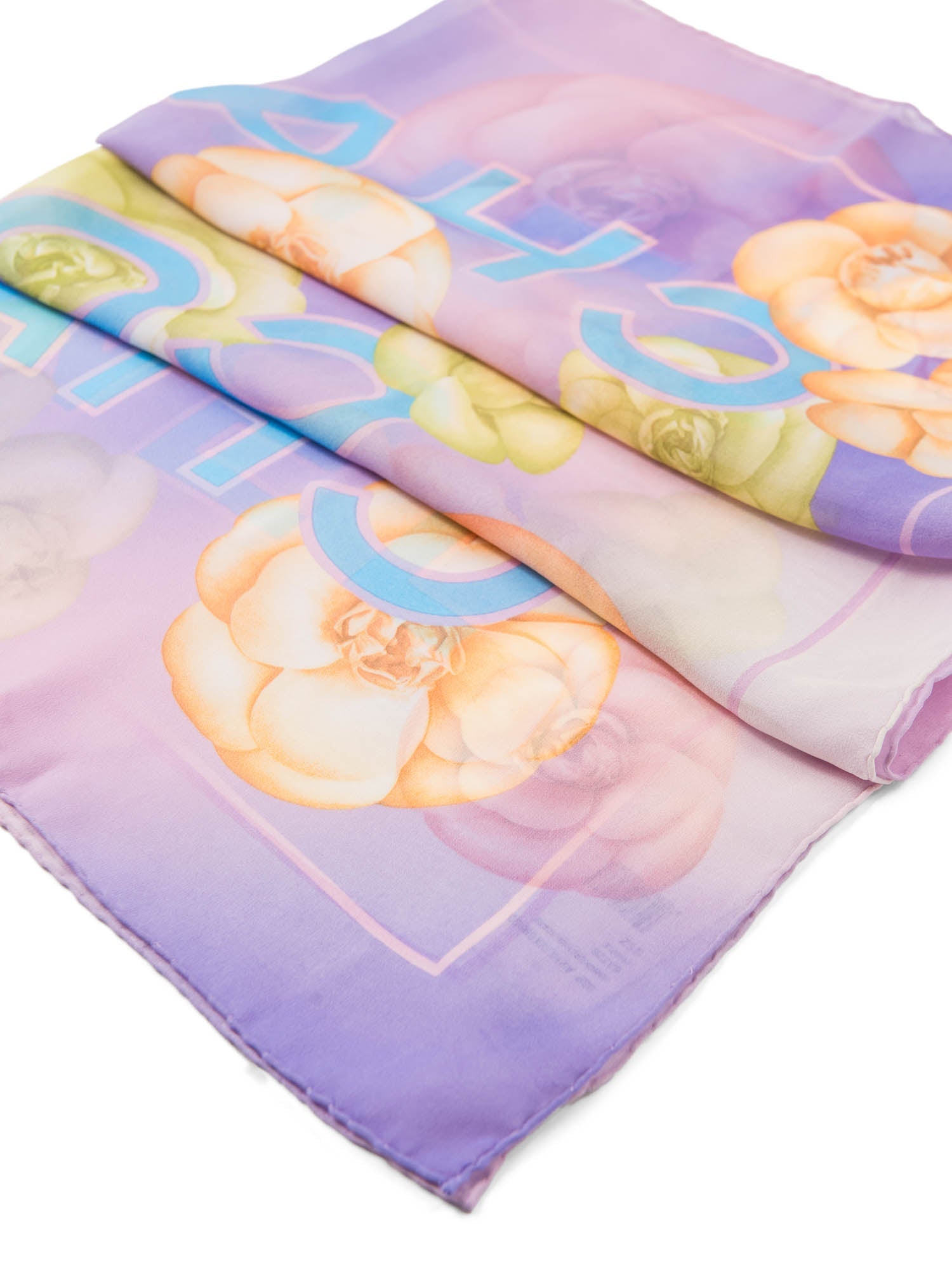 Chanel CC Logo Camelia Silk Chiffon Fantasy Scarf Purple Blue