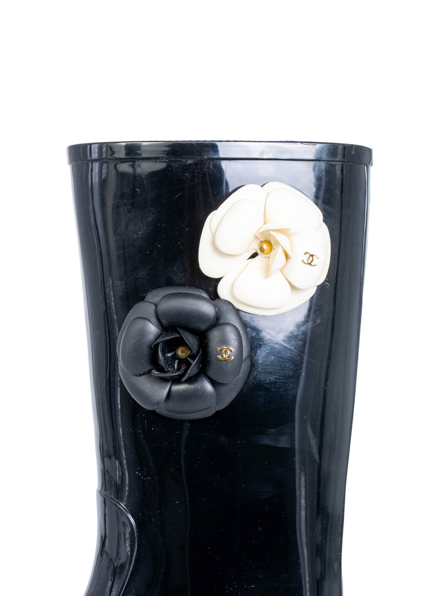 Chanel CC Logo Camellia Flower Rain Boots Black Ivory