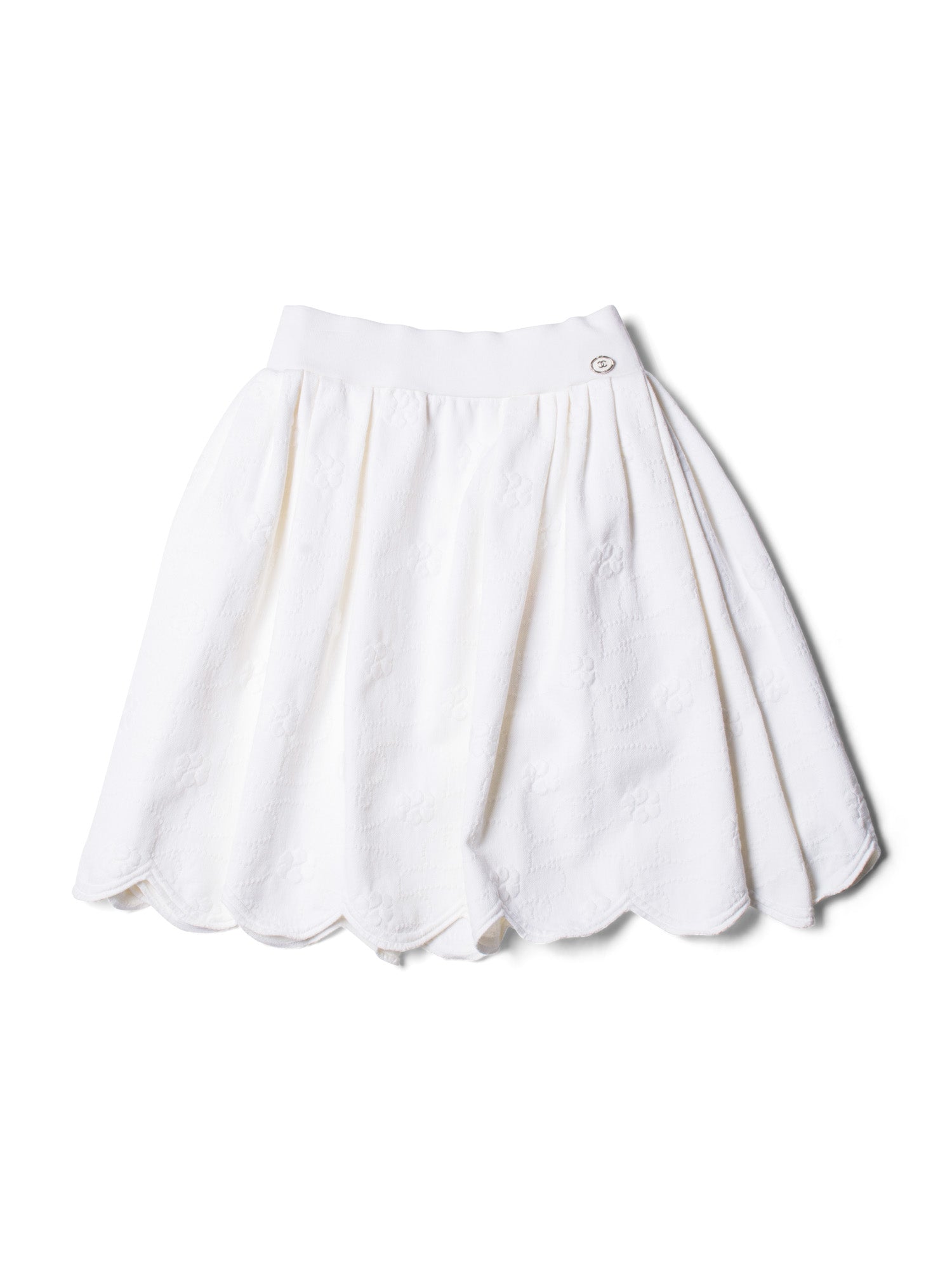 Chanel CC Logo Camellia Knit Aline Mini Skirt White