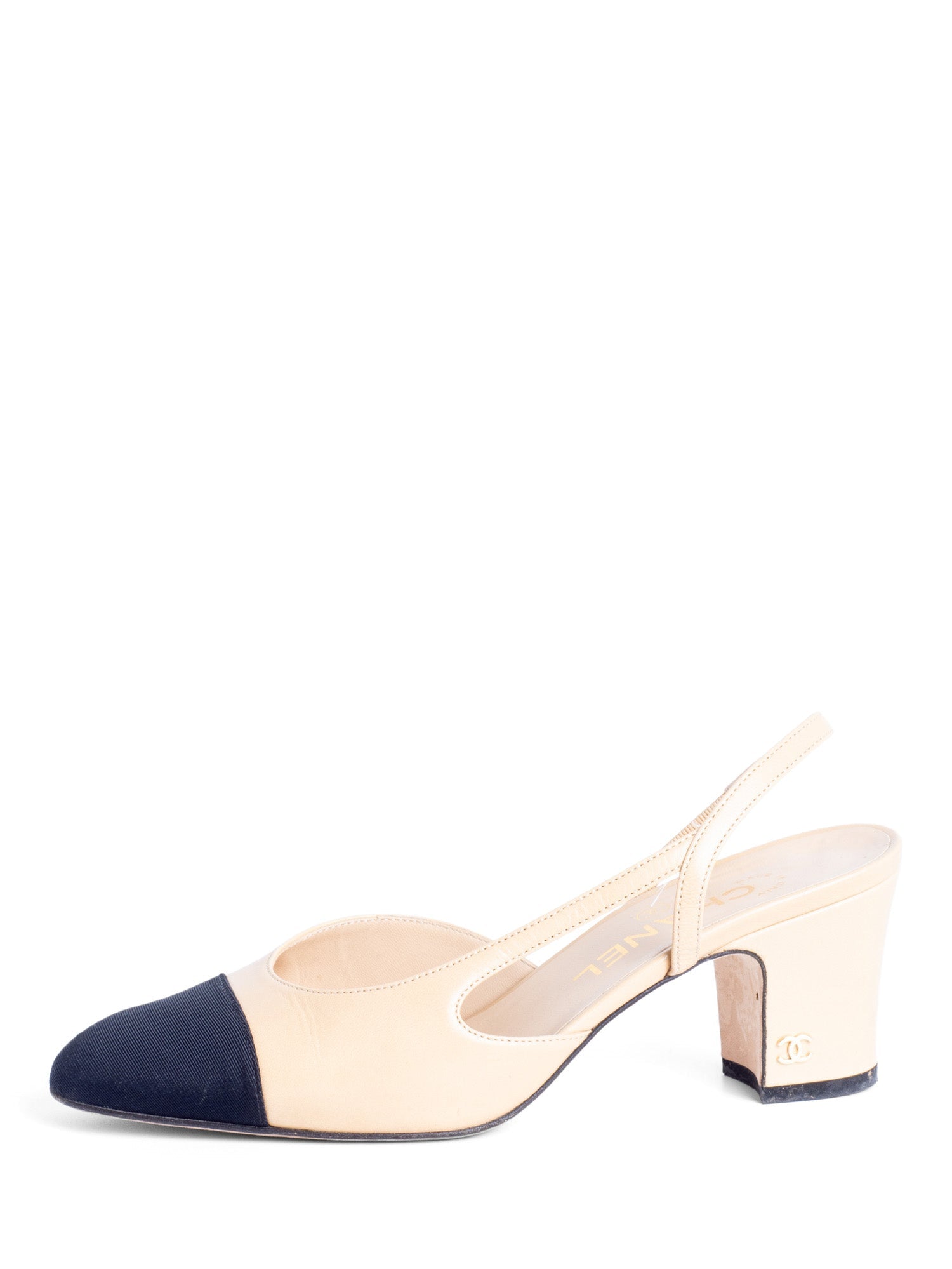 Chanel CC Logo Cap Toe Sling Back Heels Beige Black