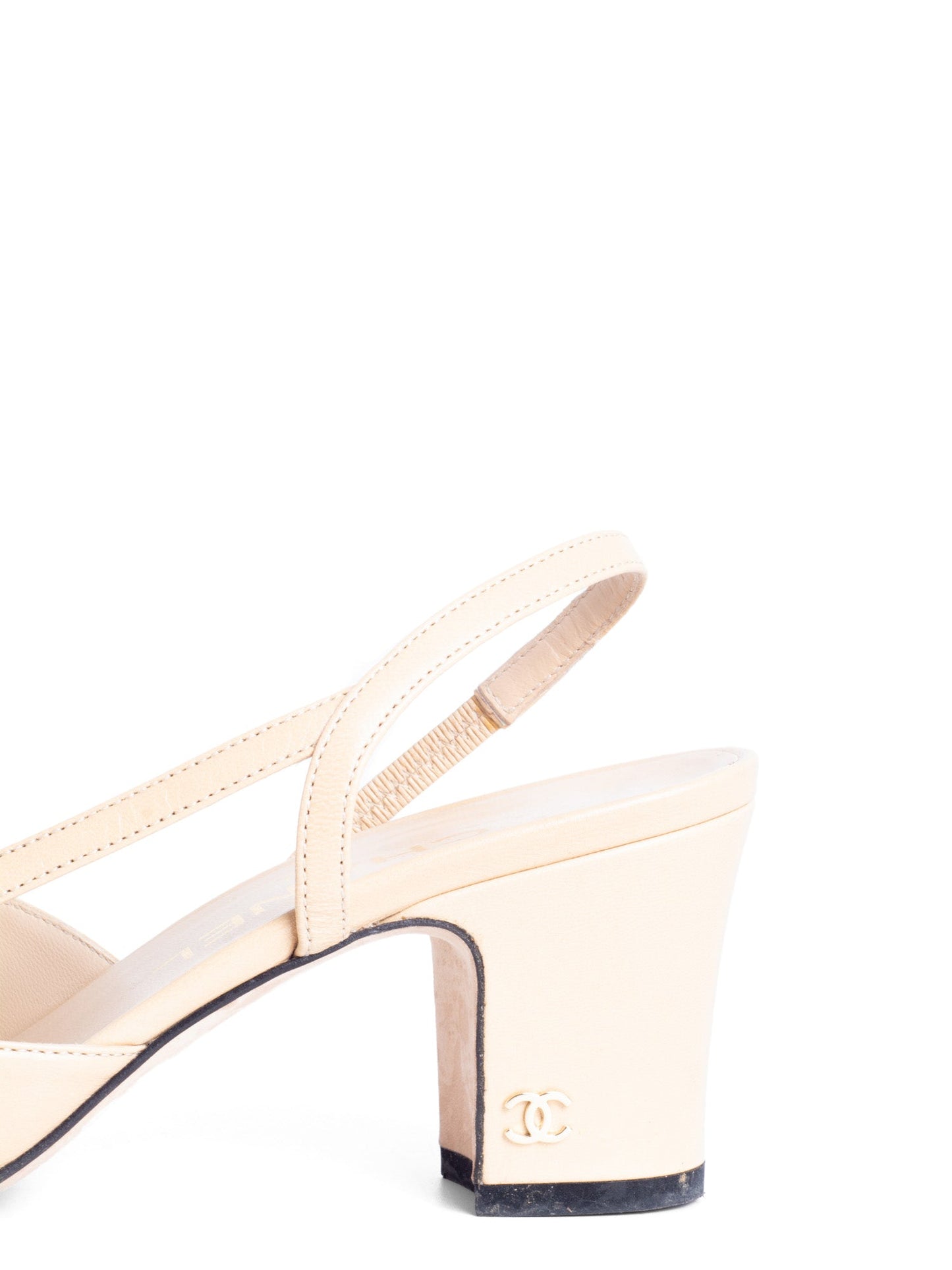 Chanel CC Logo Cap Toe Sling Back Heels Beige Black
