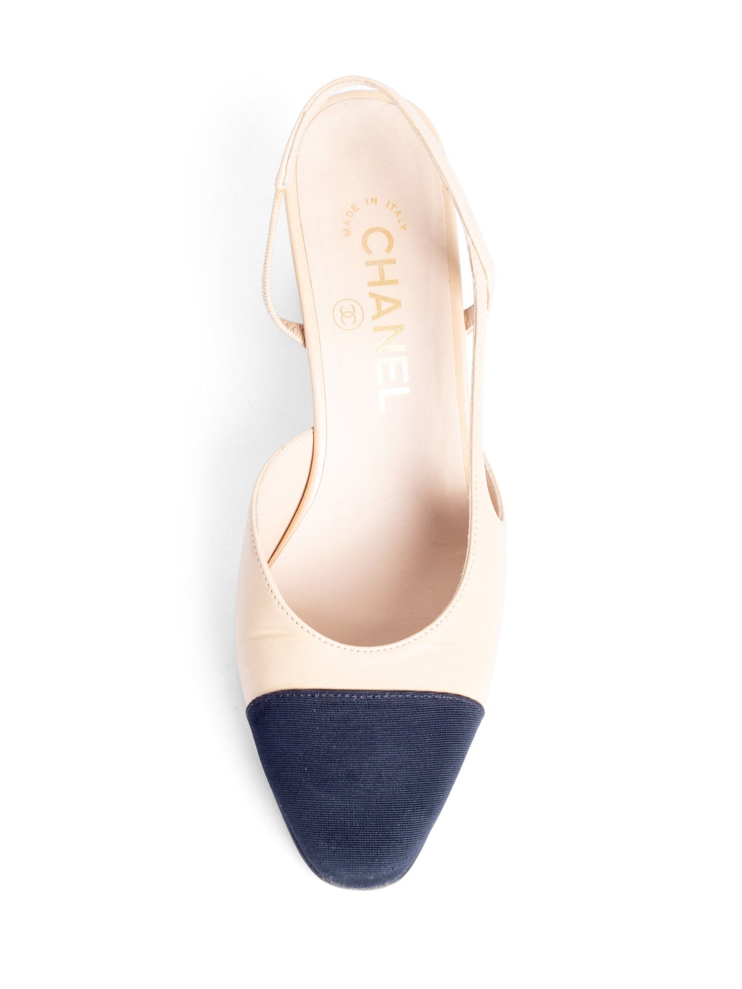 Chanel CC Logo Cap Toe Sling Back Heels Beige Black