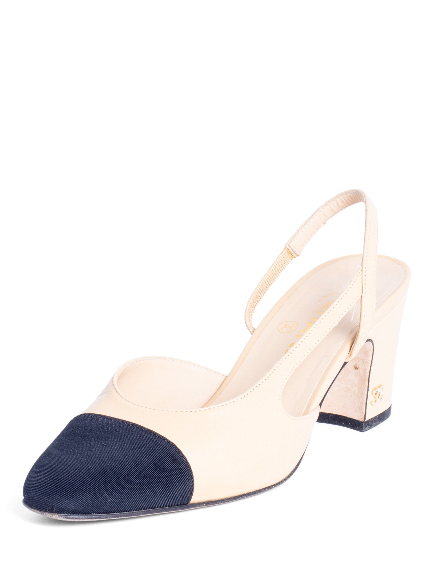 Chanel CC Logo Cap Toe Sling Back Heels Beige Black