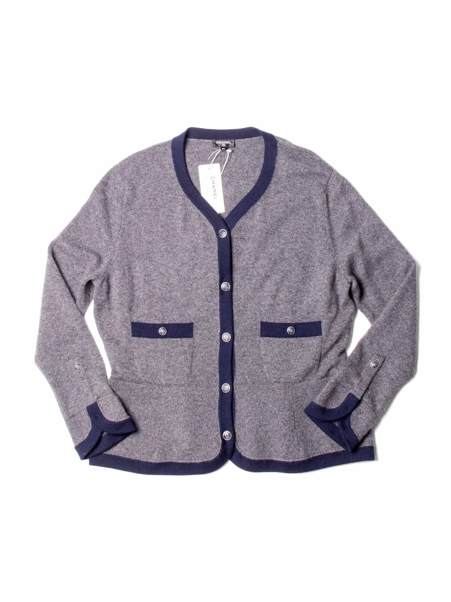 Chanel CC Logo Cashmere Cardigan Sweater Navy Blue Grey