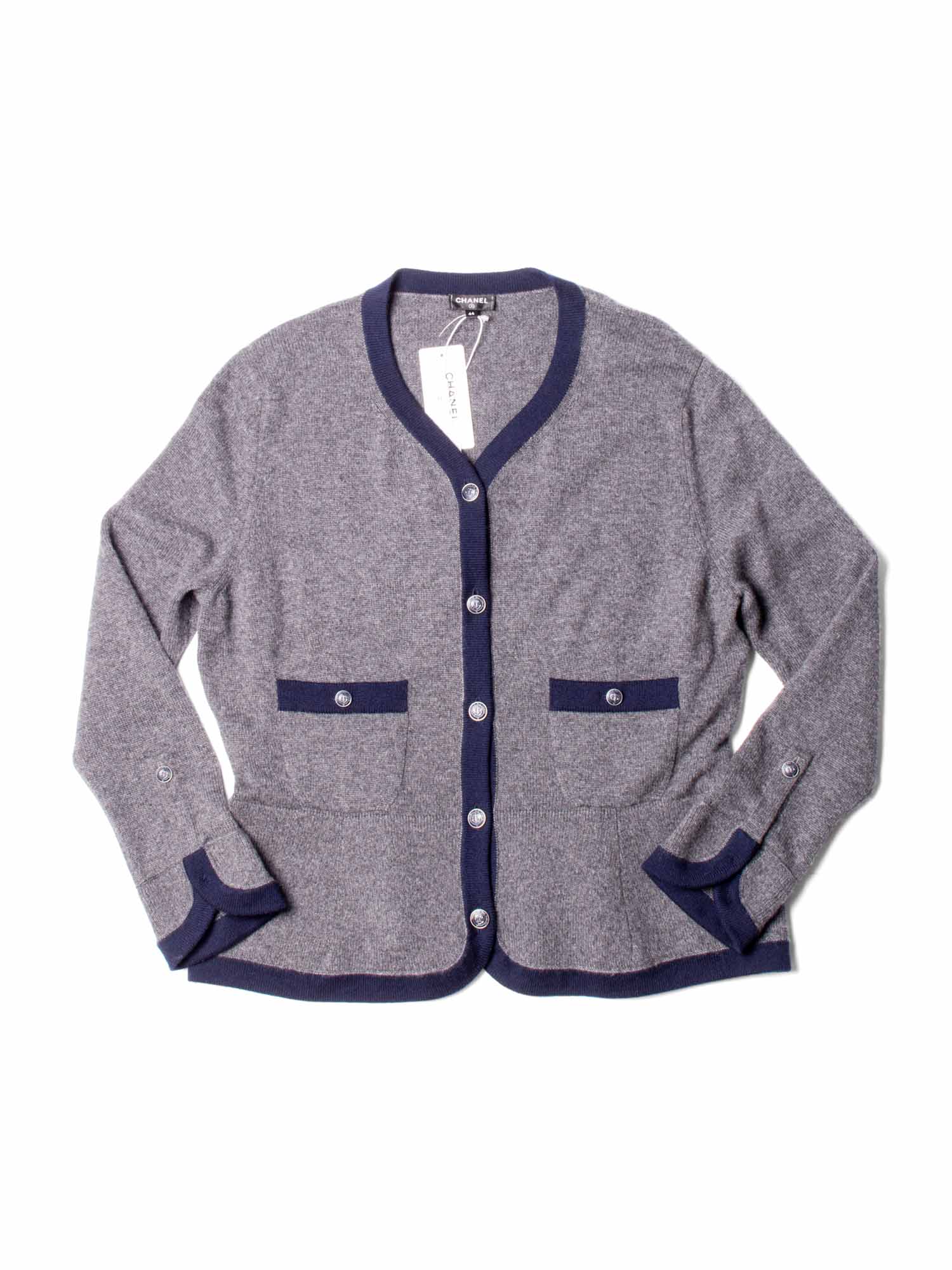Chanel CC Logo Cashmere Cardigan Sweater Navy Blue Grey