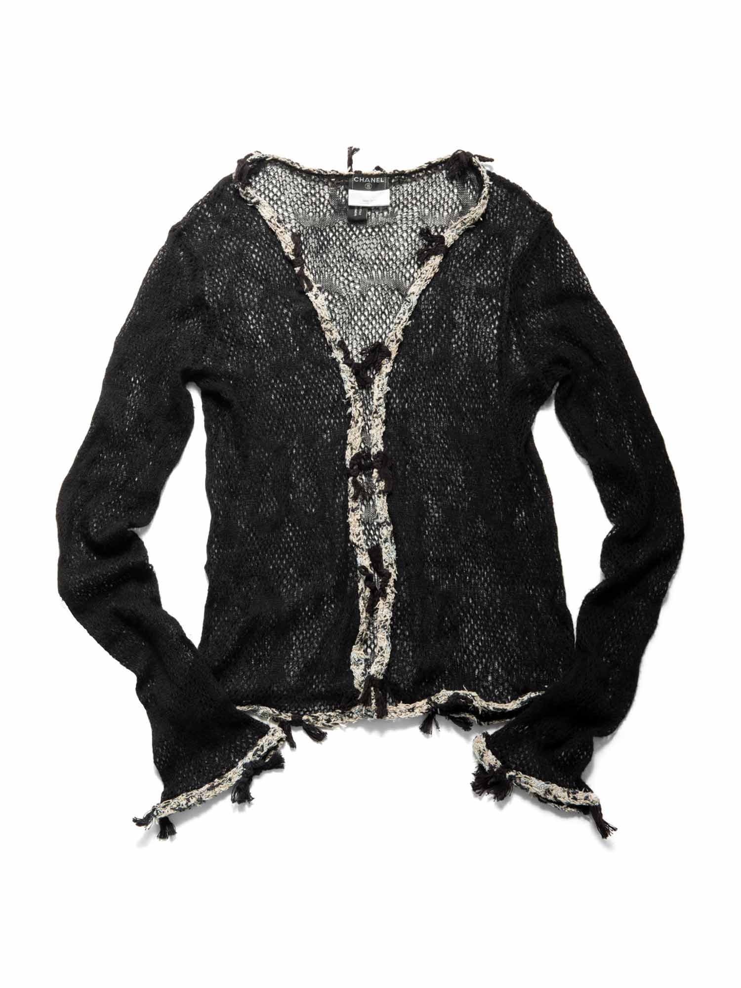 Chanel CC Logo Cashmere Knitted Distressed Cardigan Black