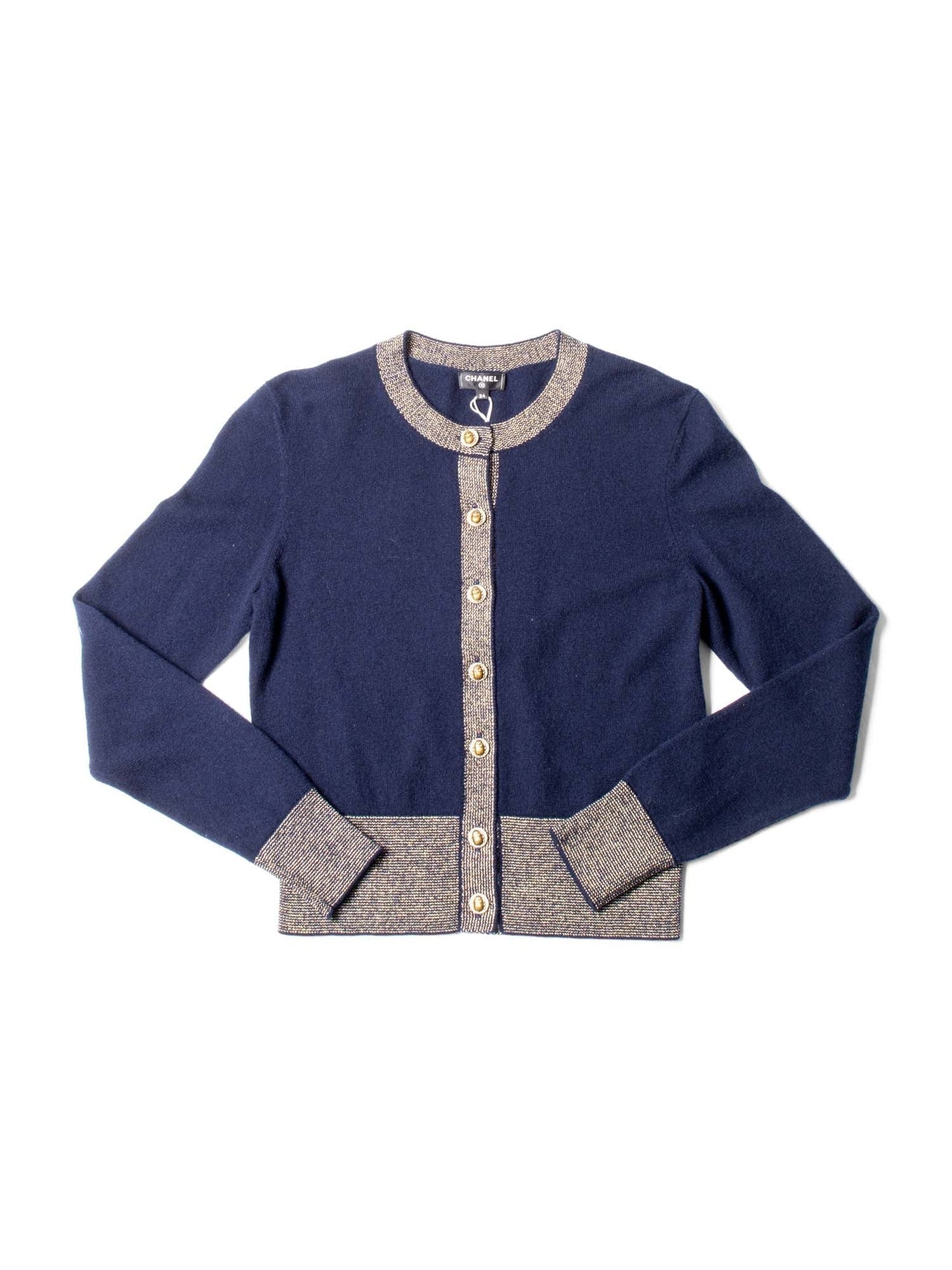 Chanel CC Logo Cashmere Scarab Beetle Cardigan Navy Gold