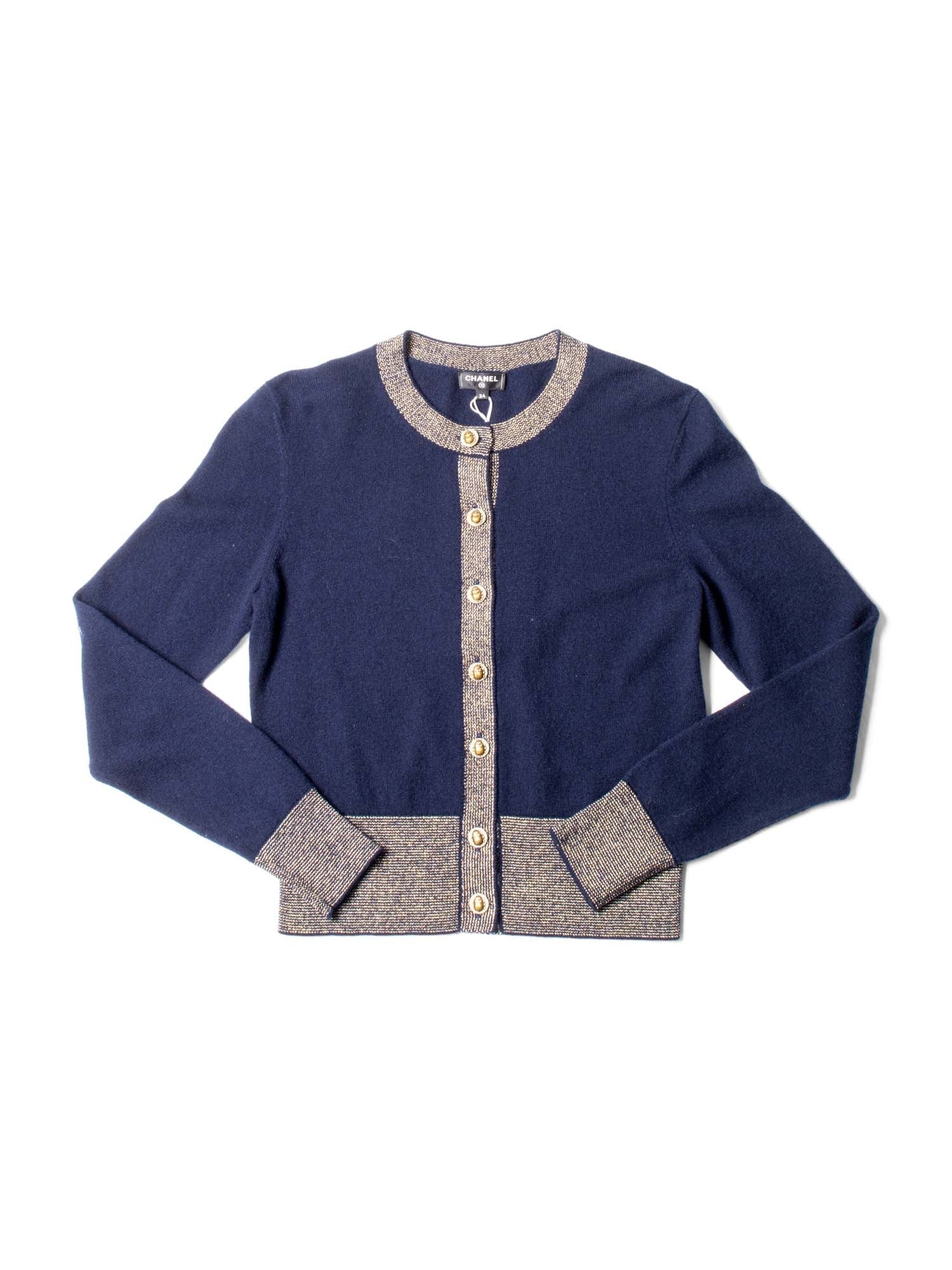 Chanel CC Logo Cashmere Scarab Beetle Cardigan Navy Gold