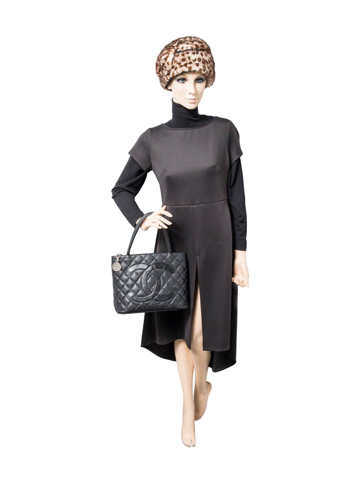 Chanel CC Logo Caviar Cambon Handbag Black Silver