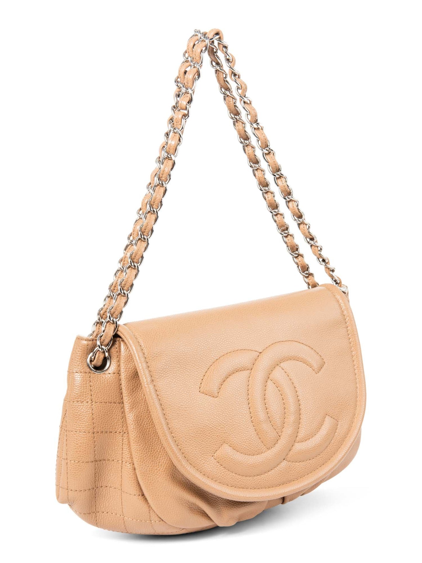 Chanel CC Logo Caviar Leather Flap Messenger Bag Beige
