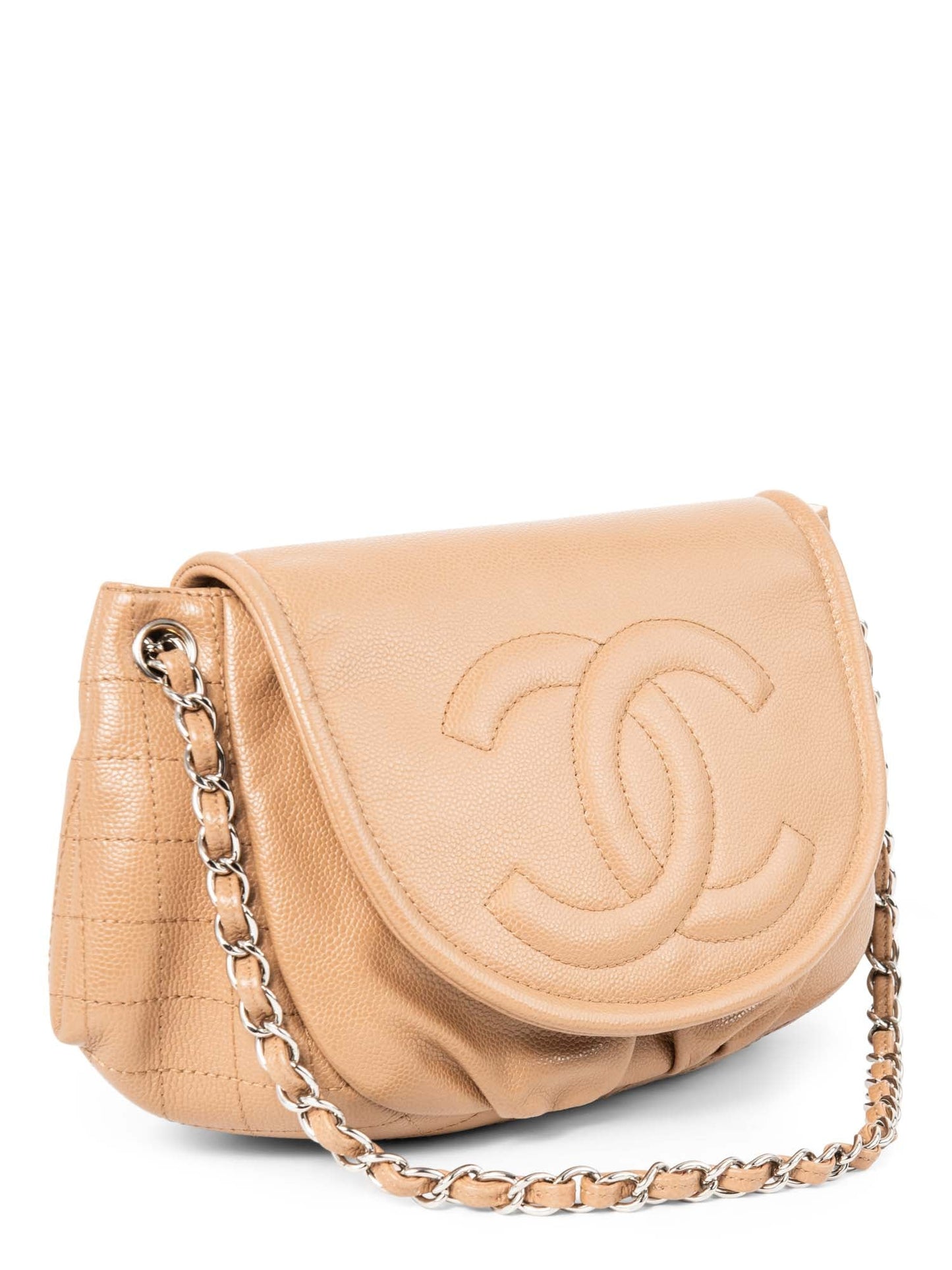 Chanel CC Logo Caviar Leather Flap Messenger Bag Beige