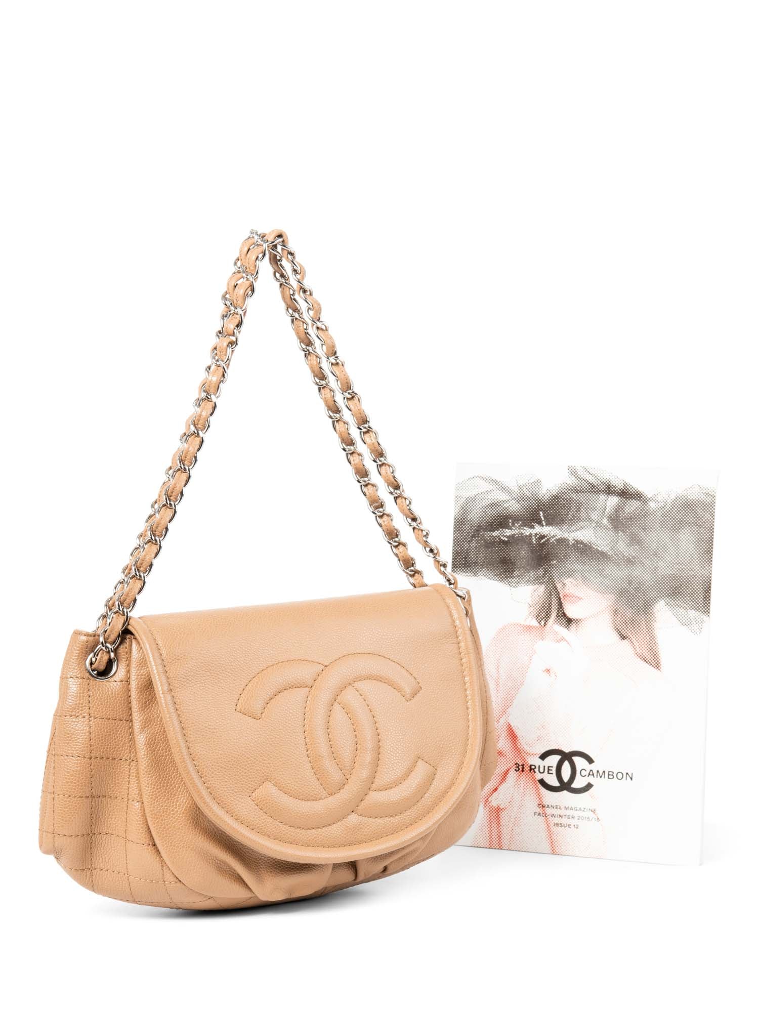 Chanel CC Logo Caviar Leather Flap Messenger Bag Beige