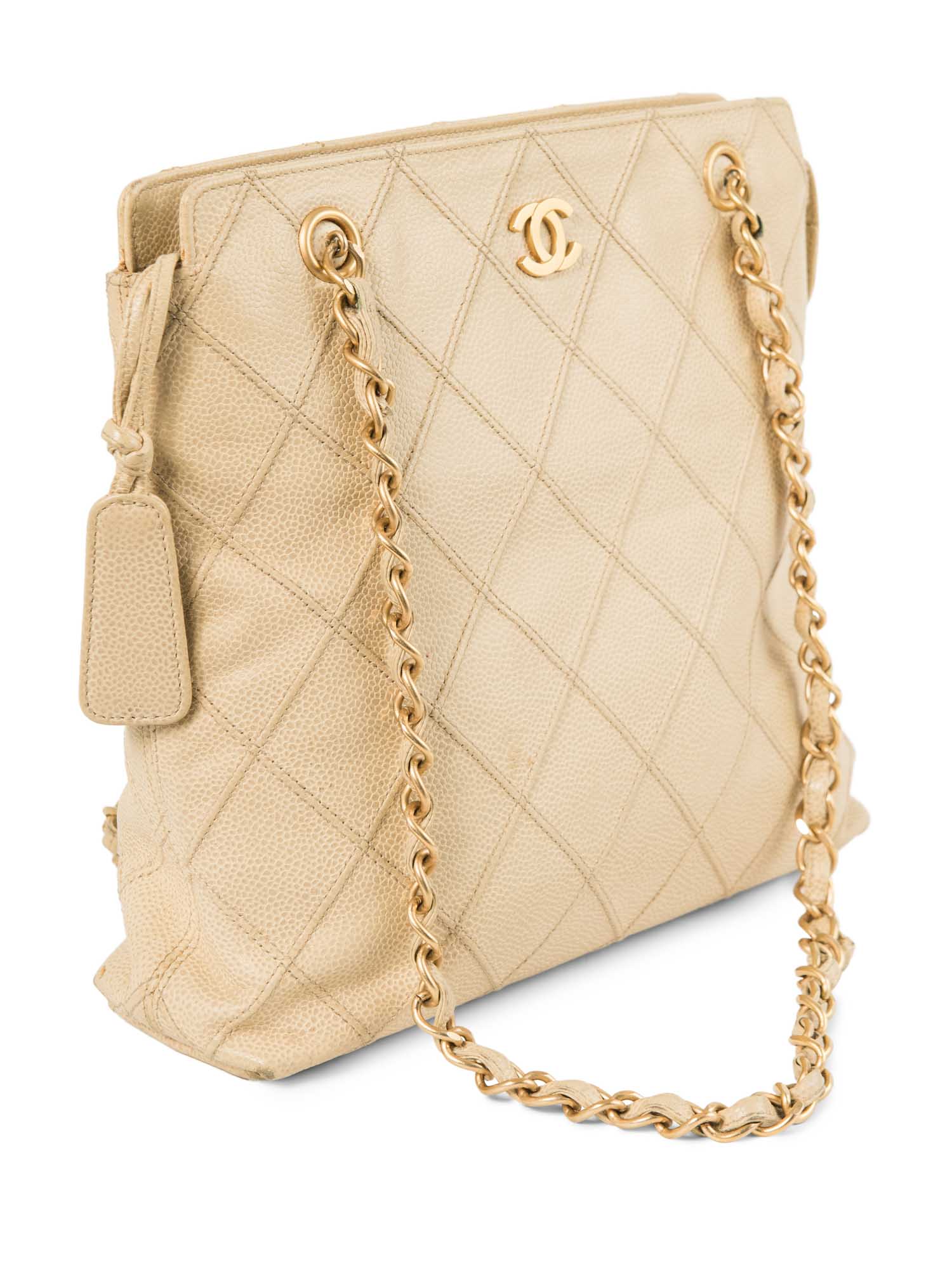 Chanel CC Logo Caviar Leather Quilted Shopper Bag Ivory Gold
