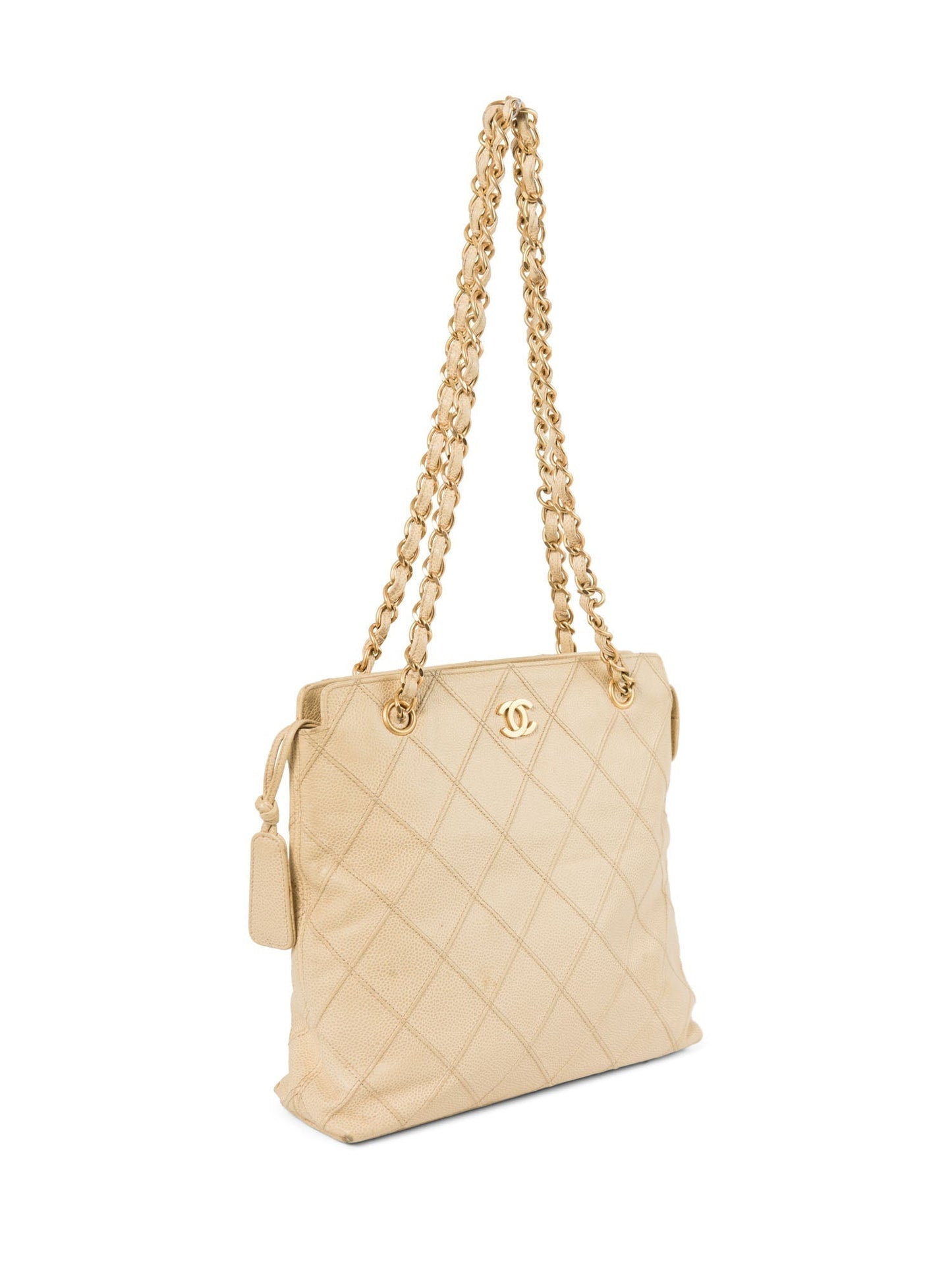 Chanel CC Logo Caviar Leather Quilted Shopper Bag Ivory Gold