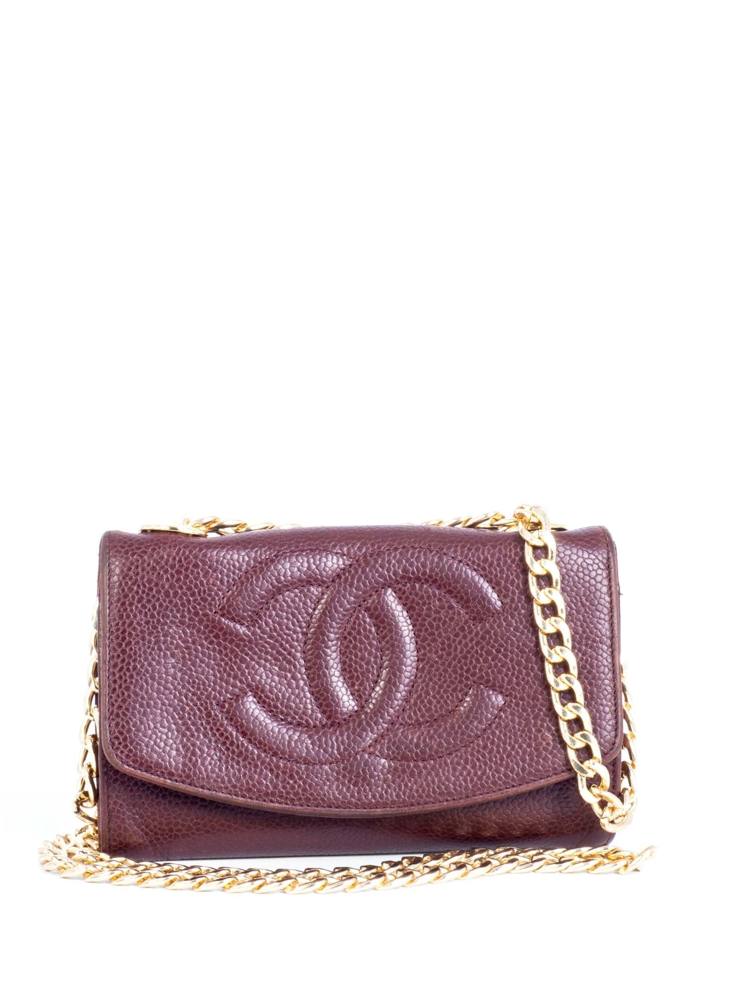 Chanel CC Logo Caviar Leather Timeless Mini Wallet On Chain Brown