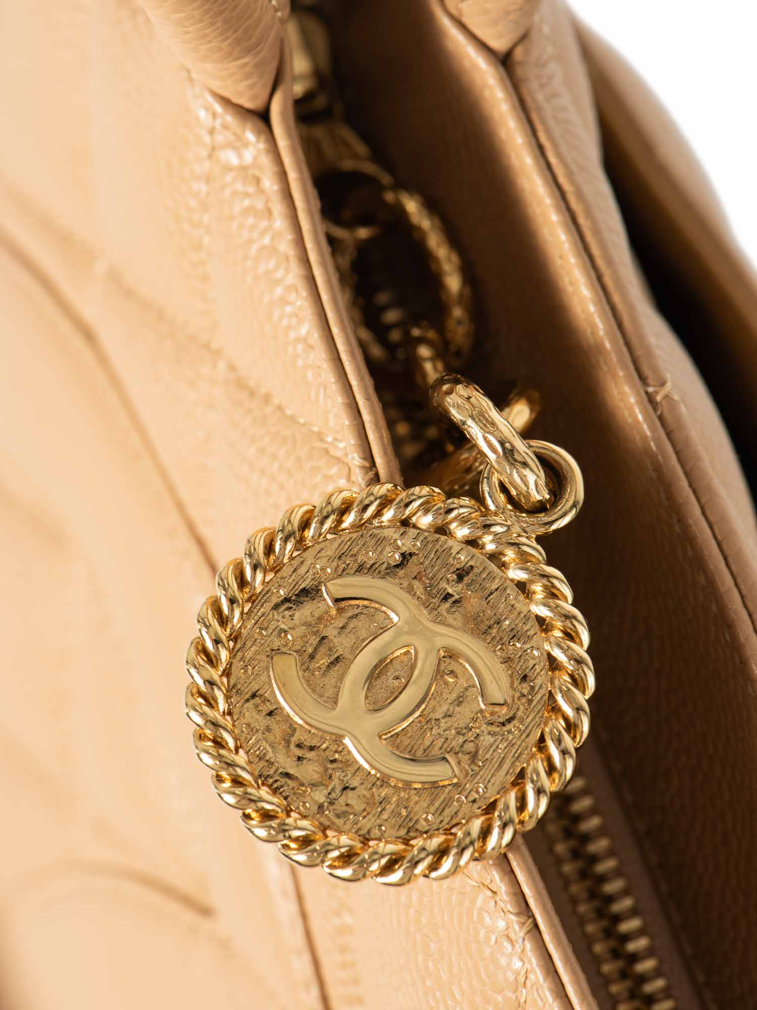 Chanel CC Logo Caviar Leather Top Handle Shoulder Bag Beige Gold