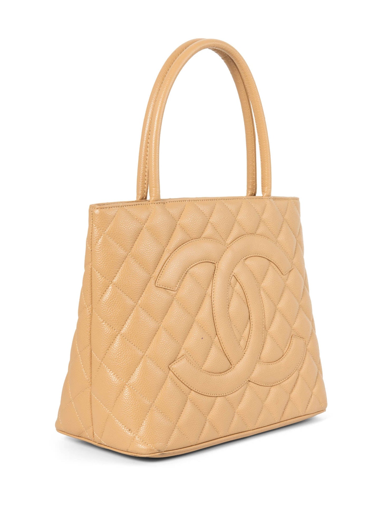 Chanel CC Logo Caviar Leather Top Handle Shoulder Bag Beige Gold