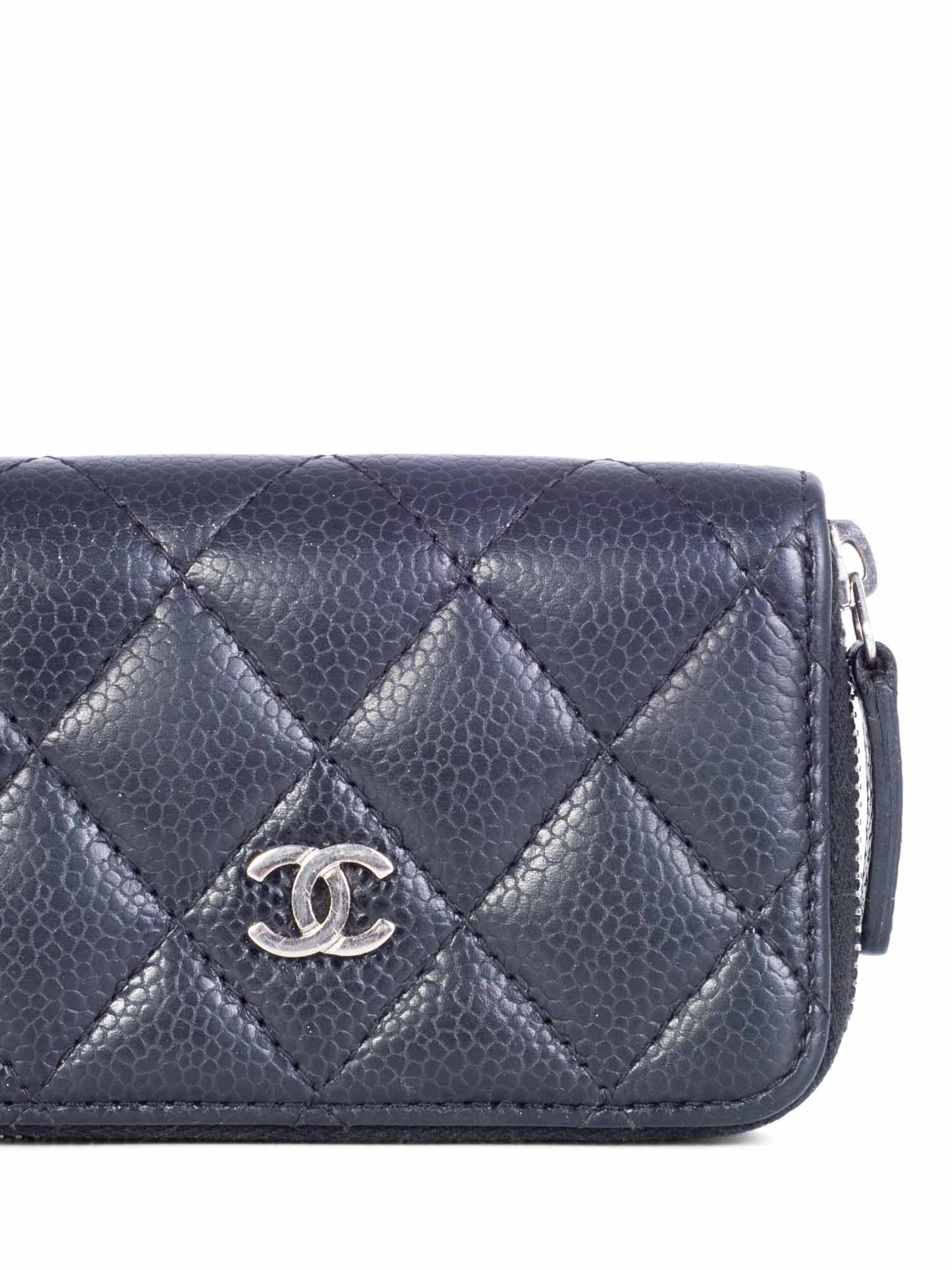 Chanel CC Logo Caviar Leather Zippered Credit Card Wallet Black Silver