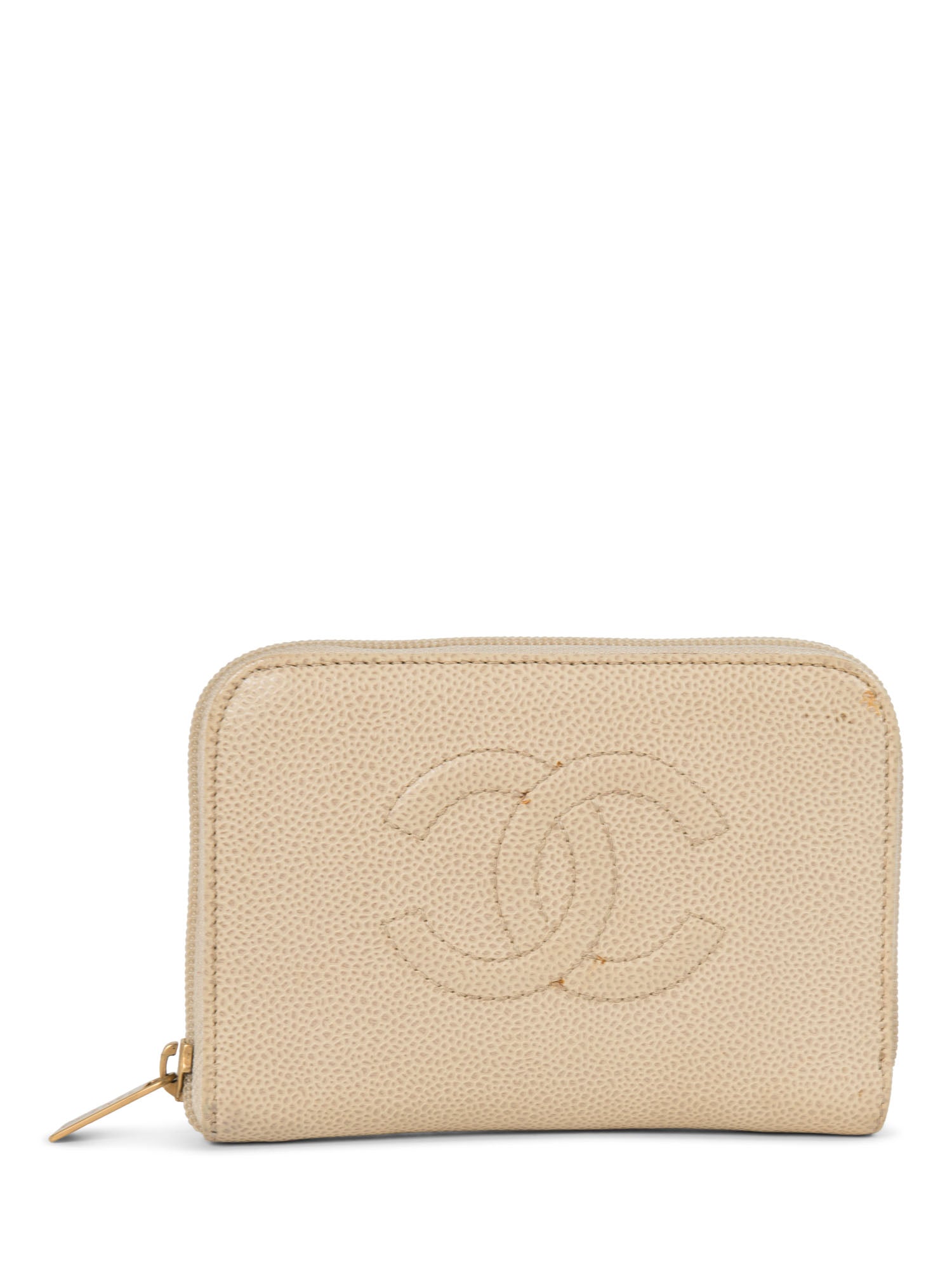 Chanel CC Logo Caviar Leather Zippered Wallet Ivory