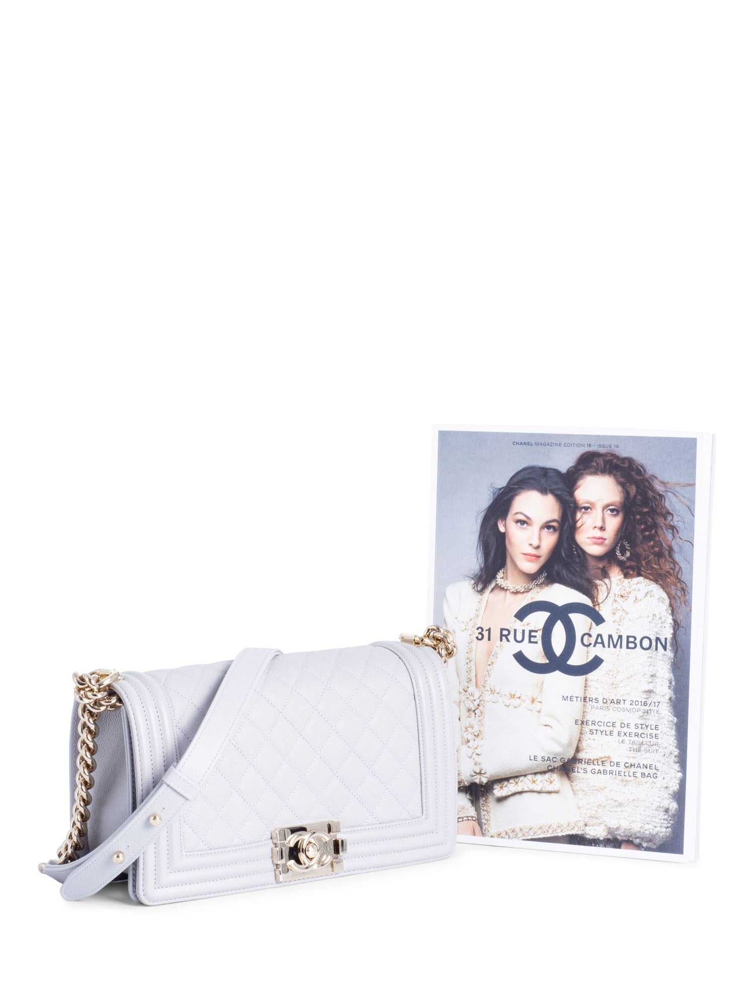 Chanel CC Logo Caviar Quilted Medium Boy Flap Bag Light Grey