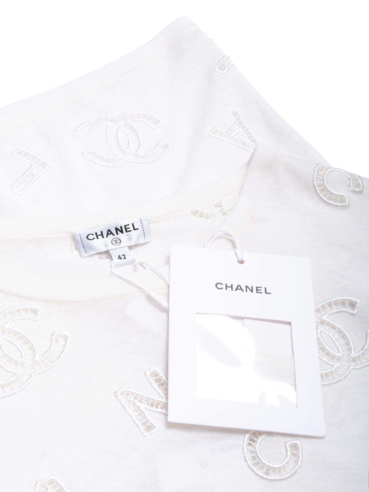 Chanel CC Logo Cotton Eyelet Embroidered T-Shirt White