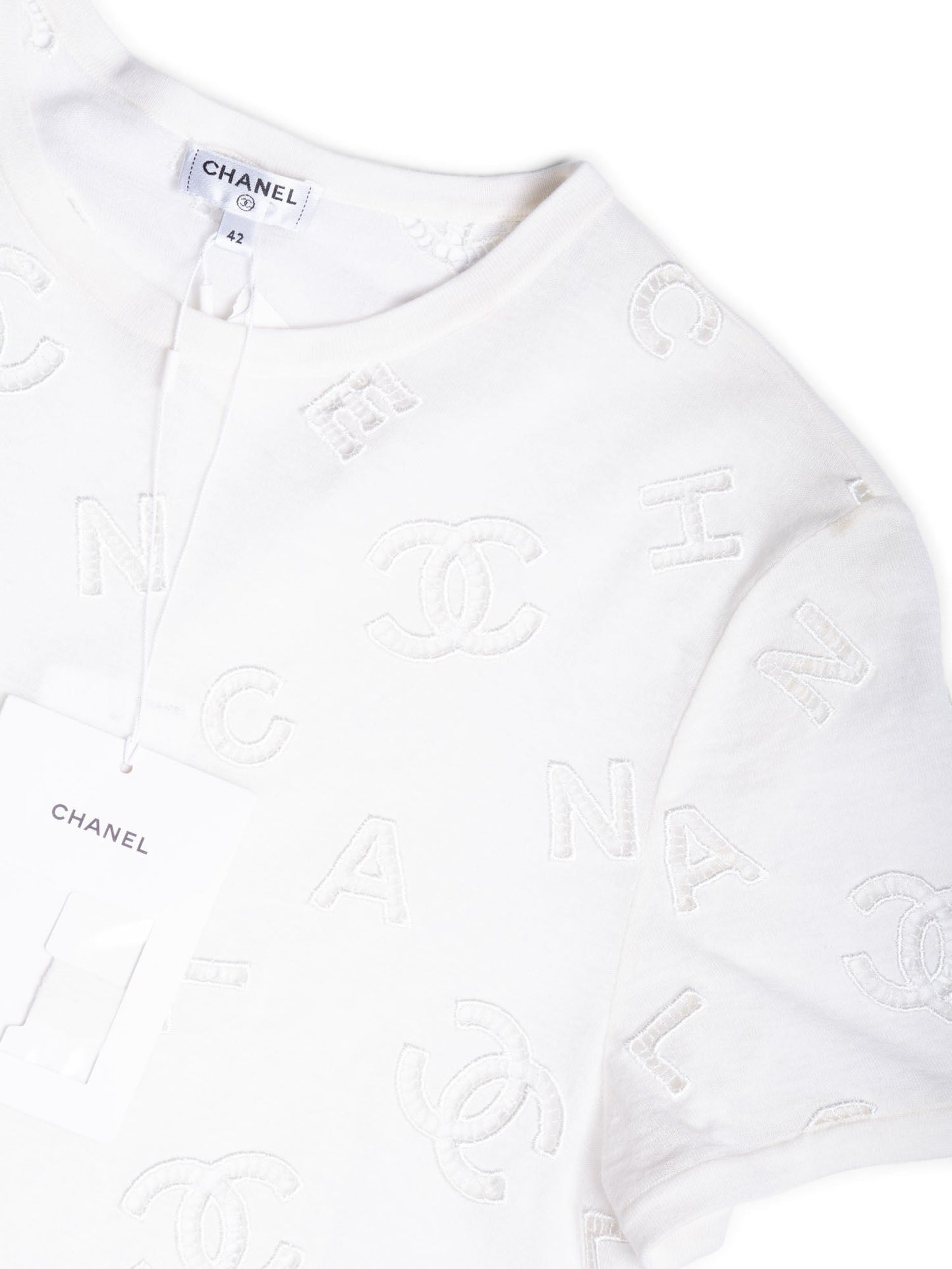 Chanel CC Logo Cotton Eyelet Embroidered T-Shirt White