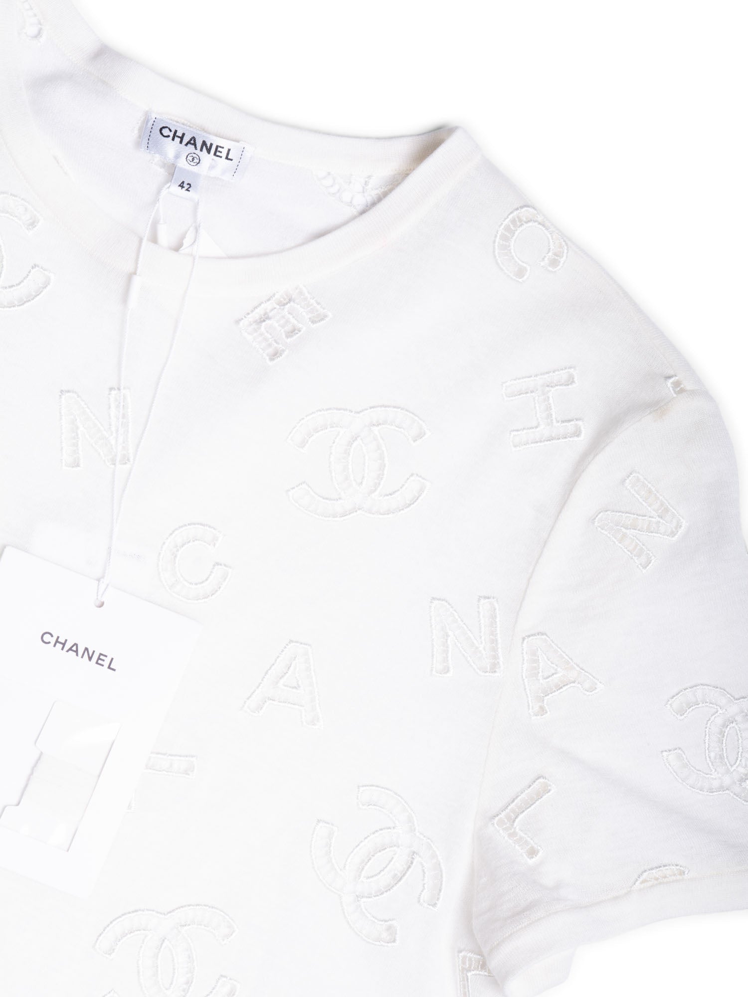 Chanel CC Logo Cotton Eyelet Embroidered T-Shirt White