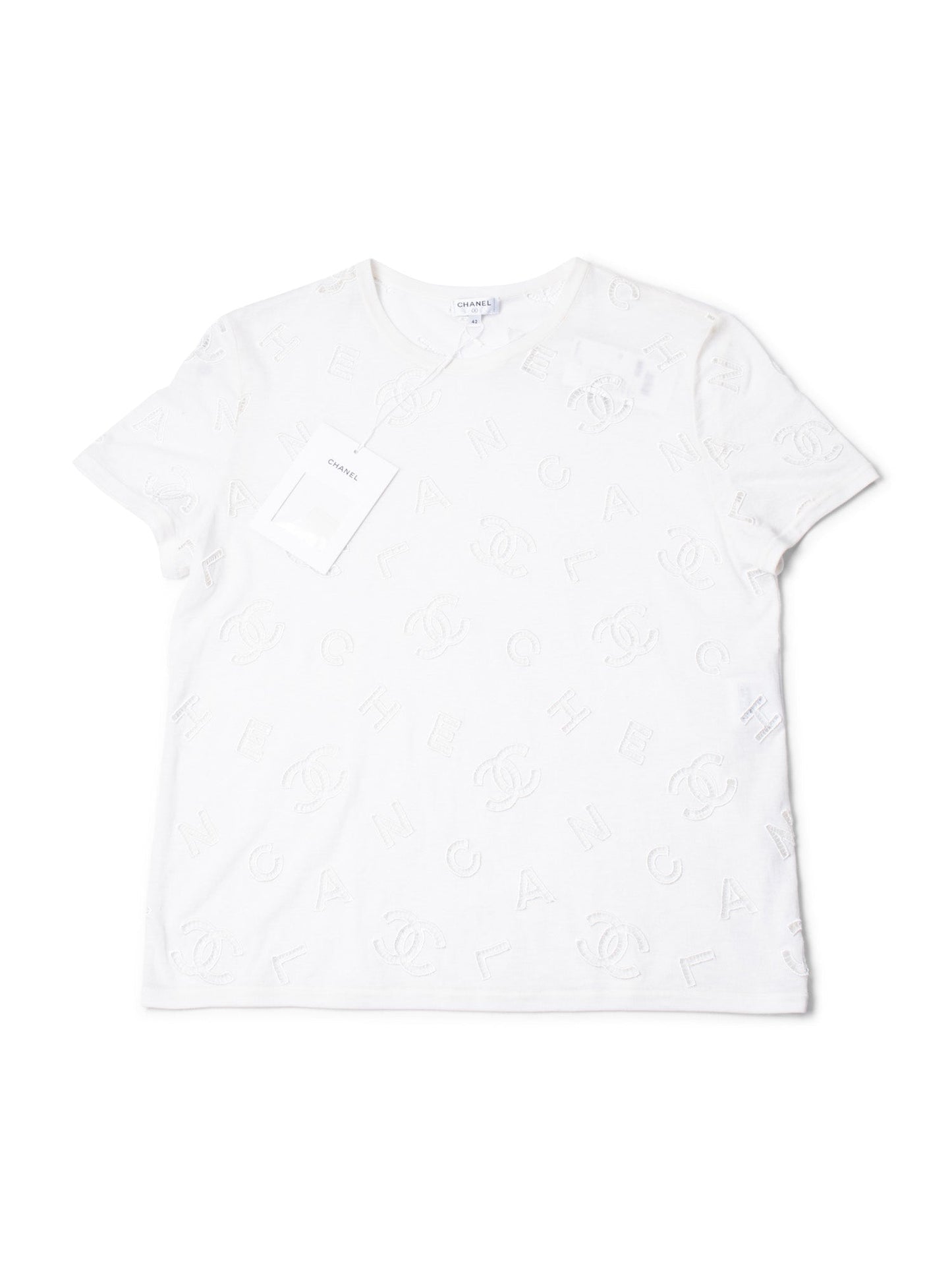 Chanel CC Logo Cotton Eyelet Embroidered T-Shirt White