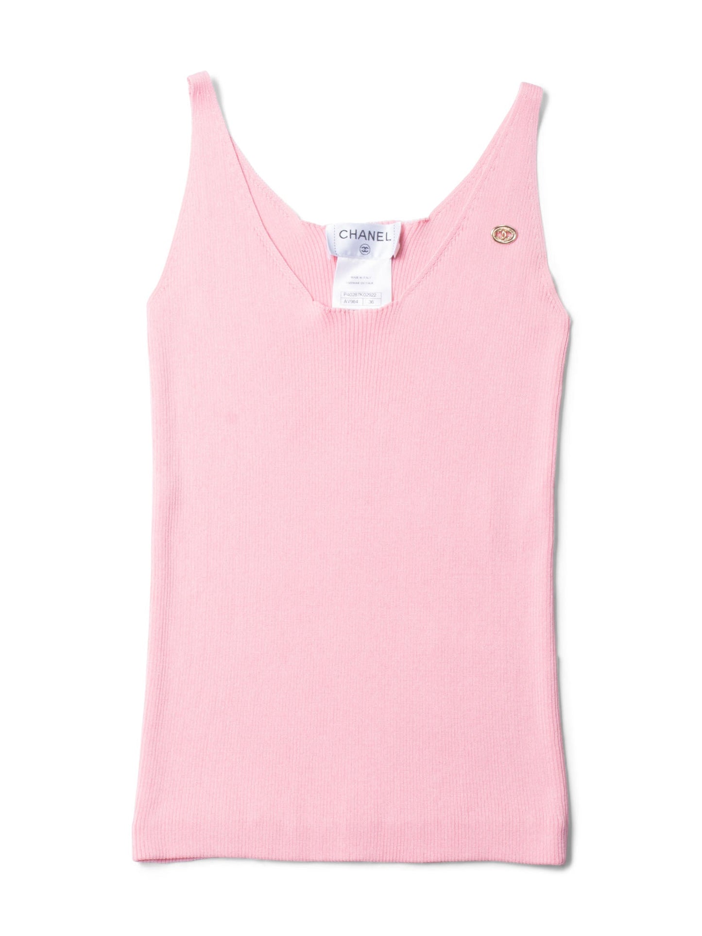 Chanel CC Logo Cotton Silk Sleeveless Ribbed Tank Top Pink