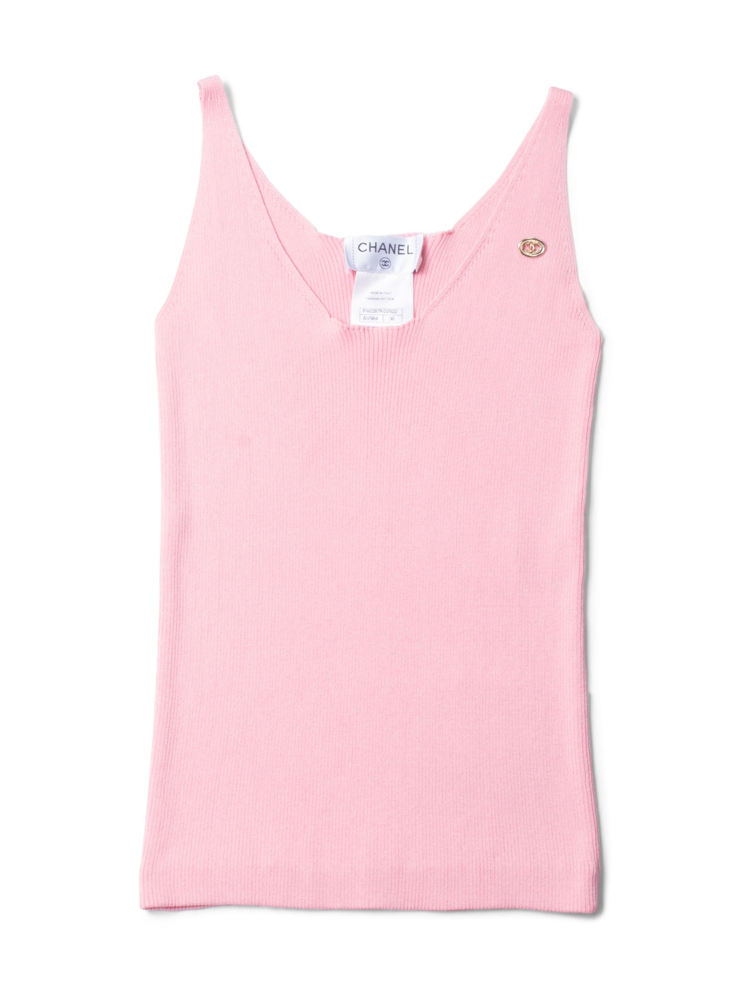 Chanel CC Logo Cotton Silk Sleeveless Ribbed Tank Top Pink