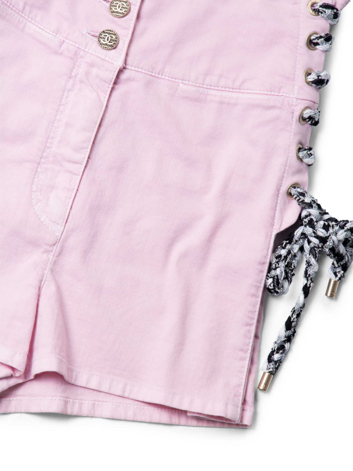 Chanel CC Logo Cotton Tweed Lace Up High Waisted Shorts Pink