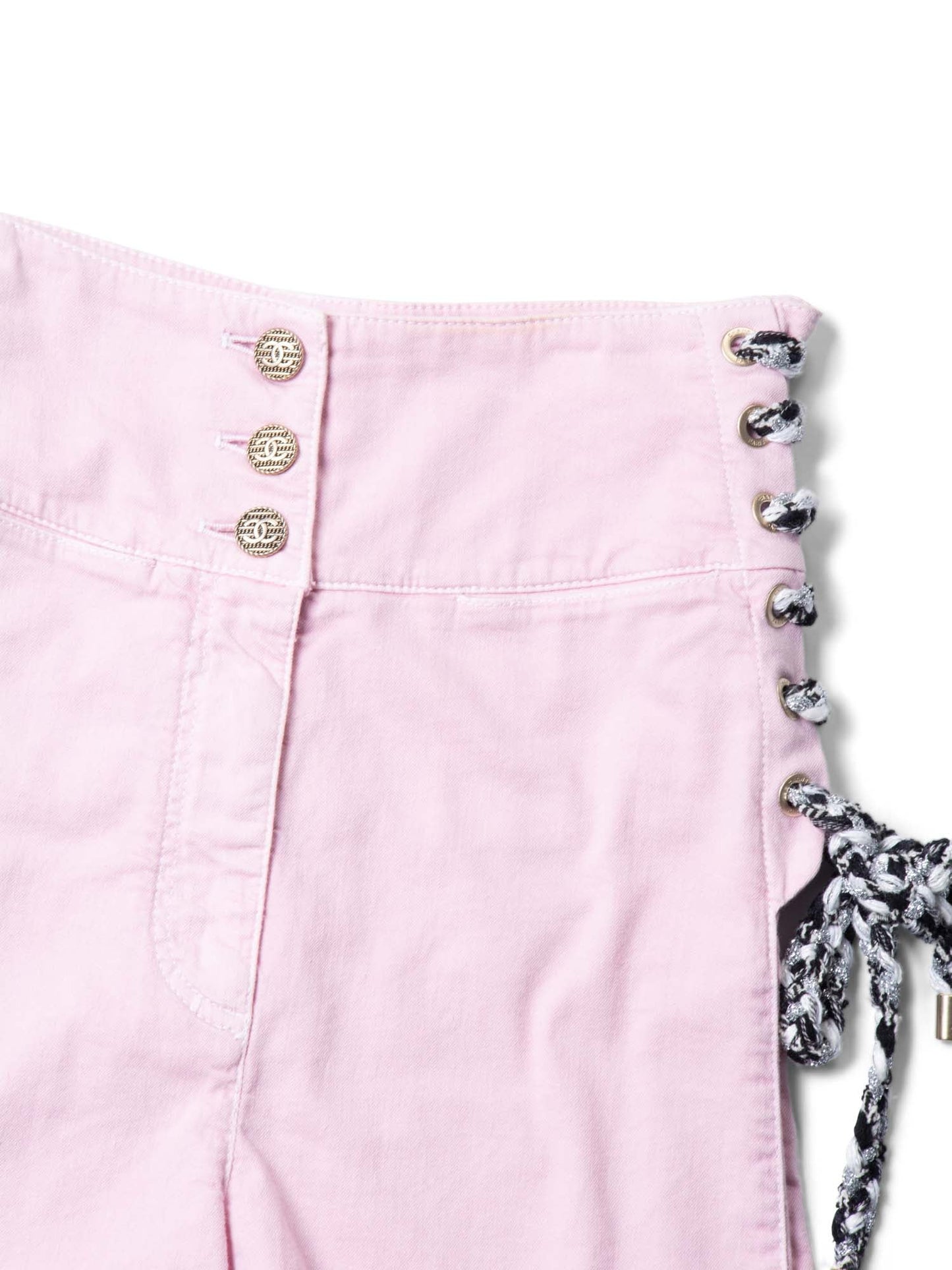 Chanel CC Logo Cotton Tweed Lace Up High Waisted Shorts Pink