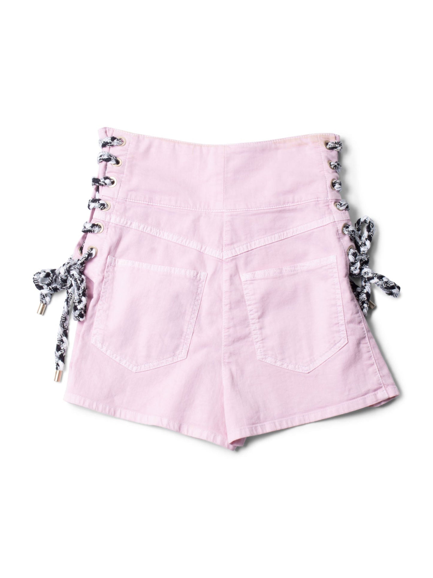 Chanel CC Logo Cotton Tweed Lace Up High Waisted Shorts Pink
