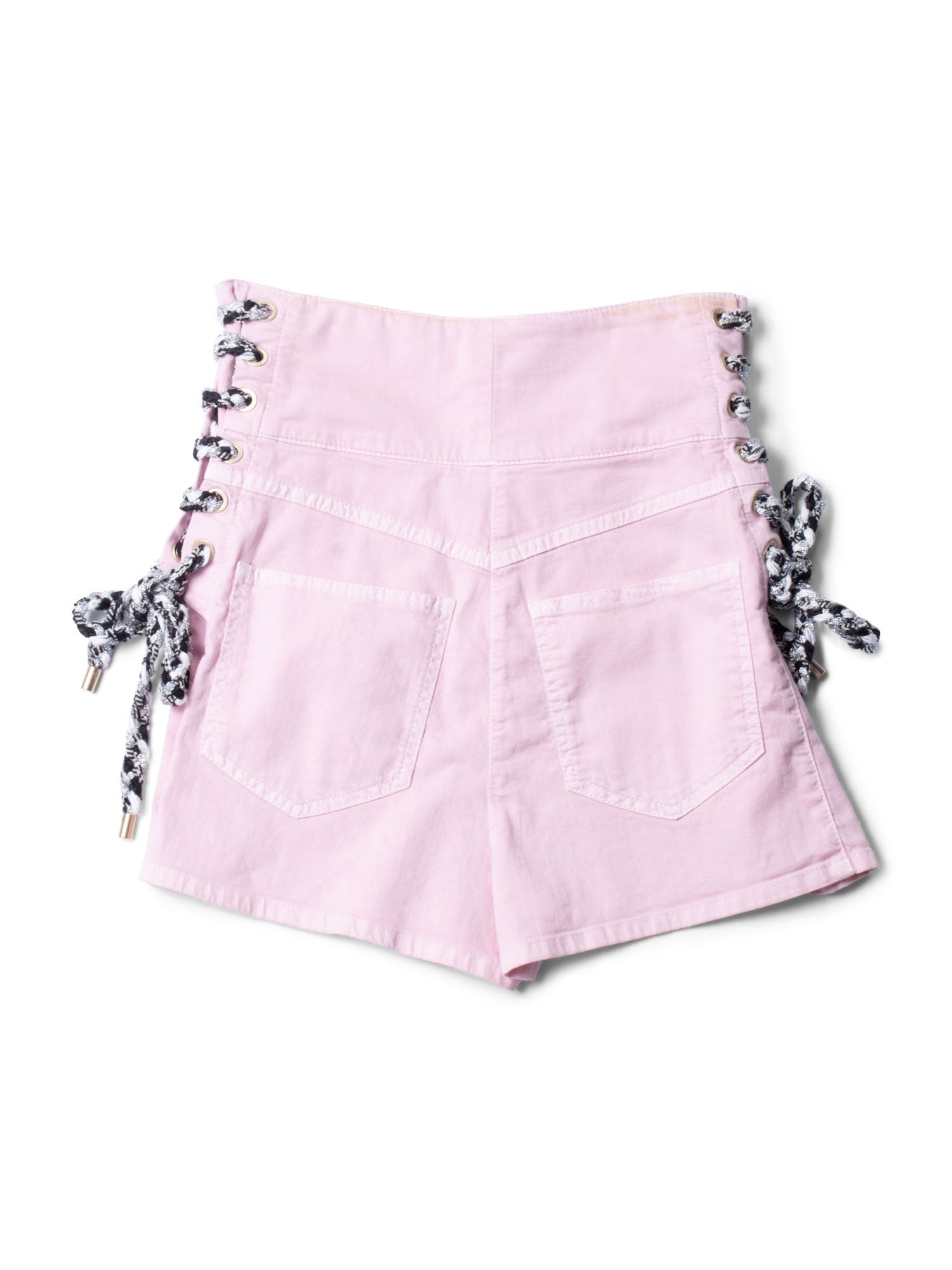 Chanel CC Logo Cotton Tweed Lace Up High Waisted Shorts Pink