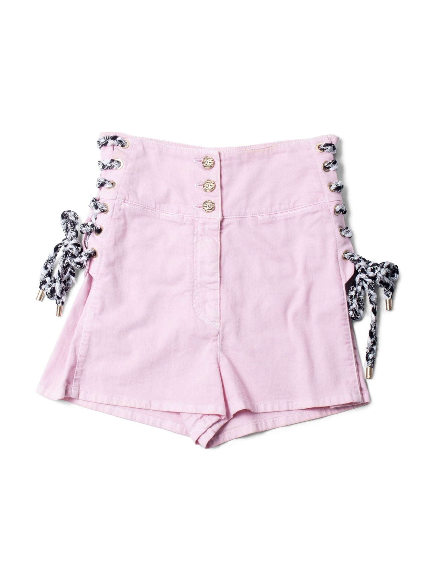 Chanel CC Logo Cotton Tweed Lace Up High Waisted Shorts Pink
